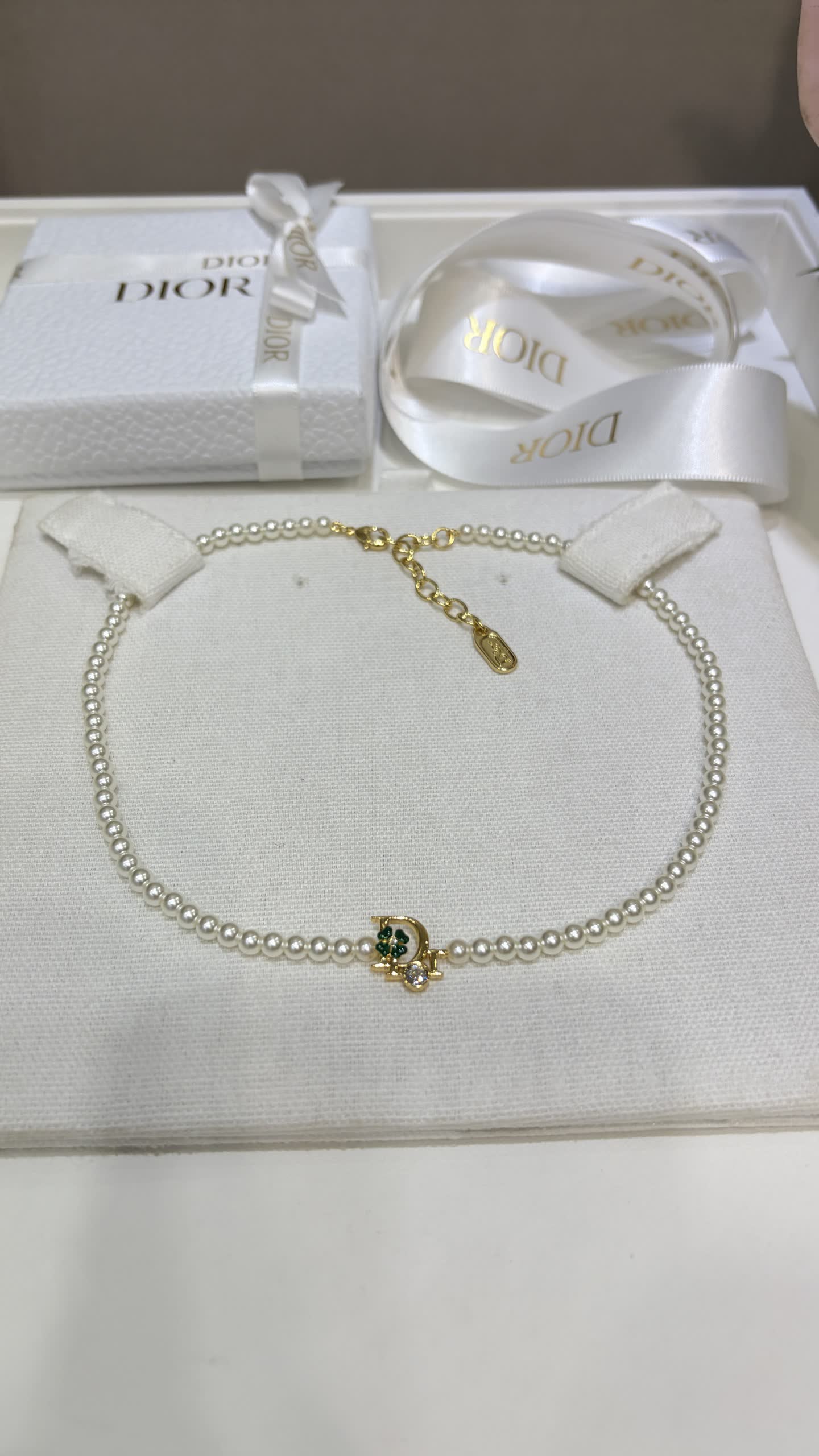 Dior Pearl Earrings with Green Gemstone and Diamond Accents