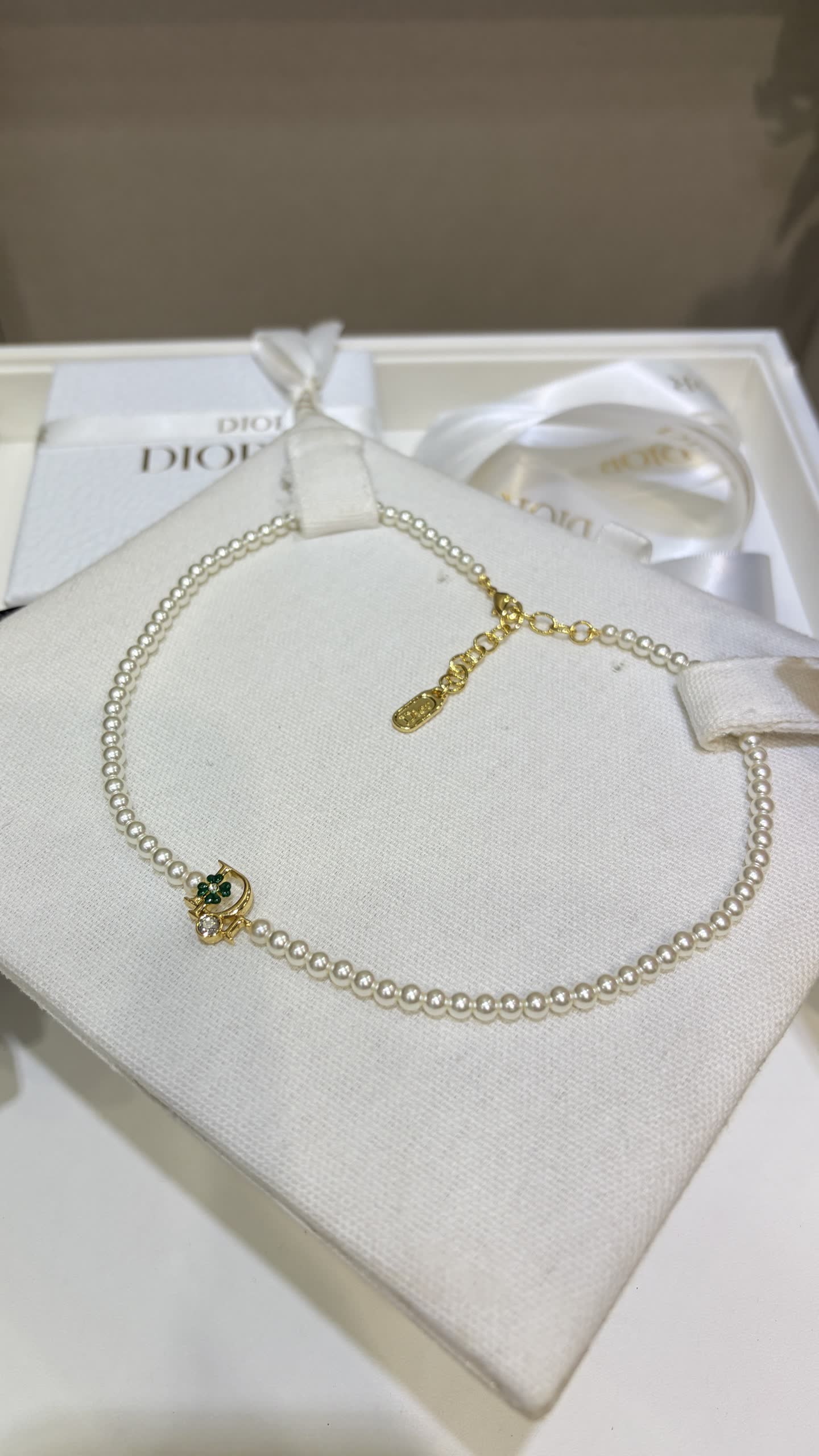 Dior Pearl Earrings with Green Gemstone and Diamond Accents