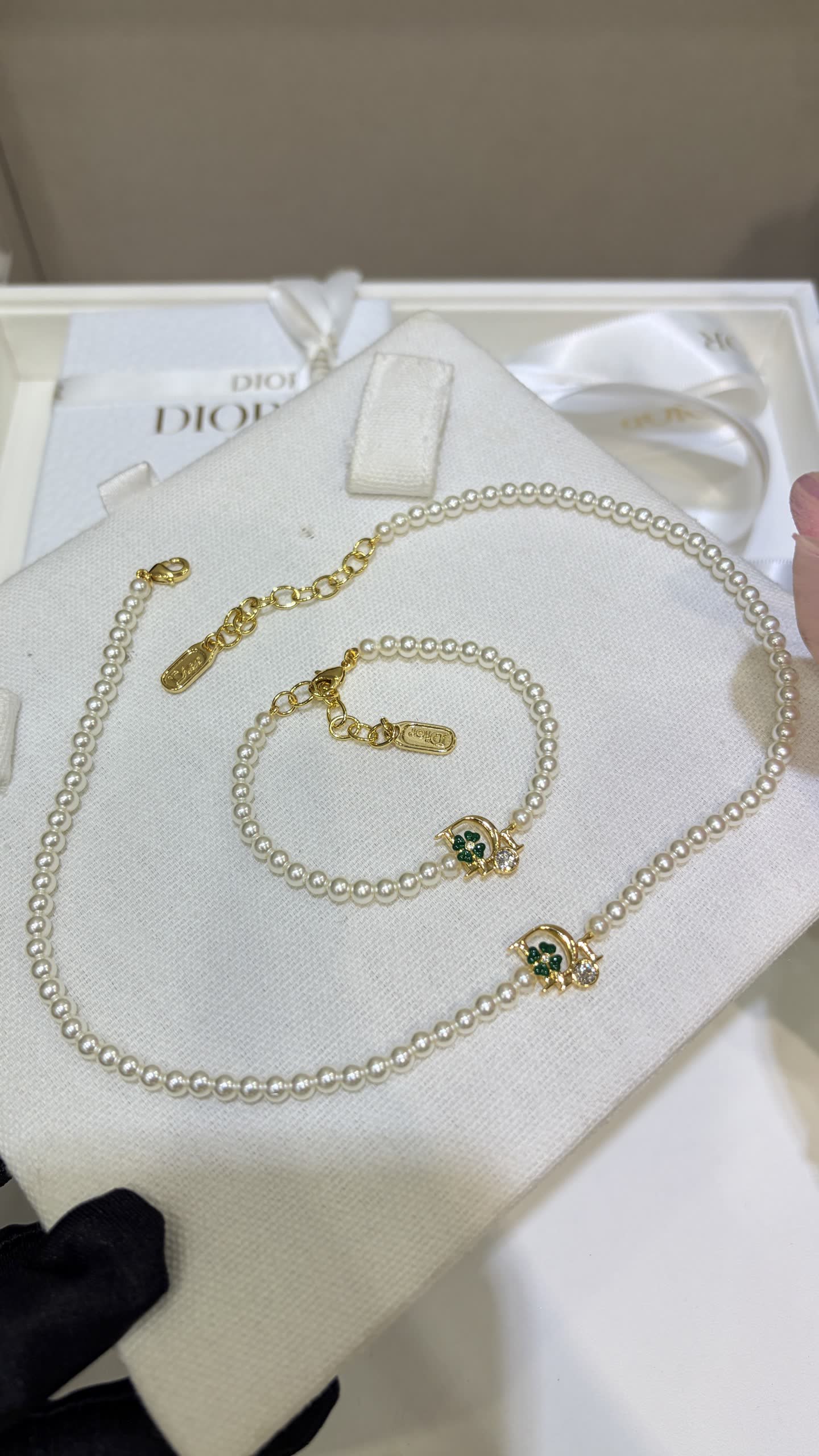 Dior Pearl Earrings with Green Gemstone and Diamond Accents