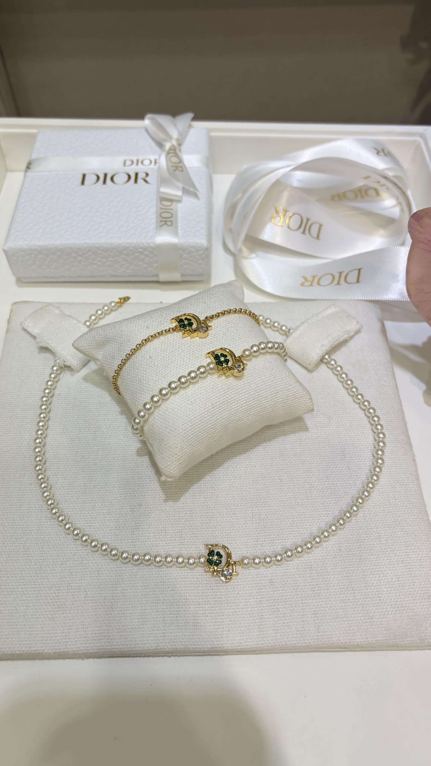 Dior Pearl Earrings with Green Gemstone and Diamond Accents