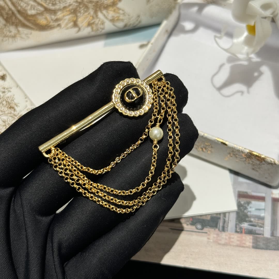 Dior Gold Tone Chain Bar Pin