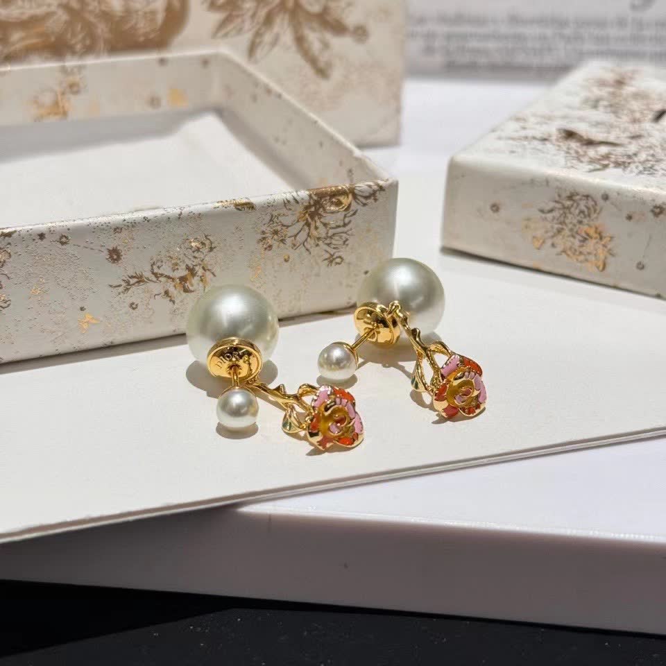 Dior Elegant Pearl and Gold Drop Earrings