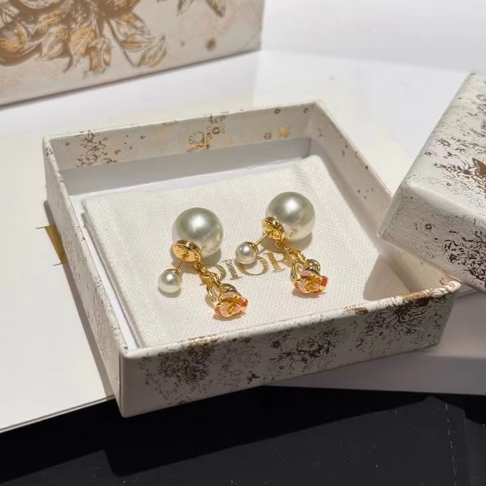 Dior Elegant Pearl and Gold Drop Earrings