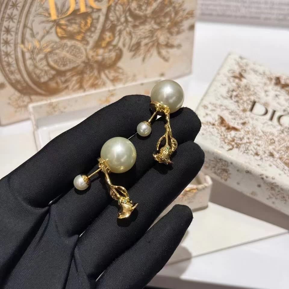 Dior Elegant Pearl and Gold Drop Earrings
