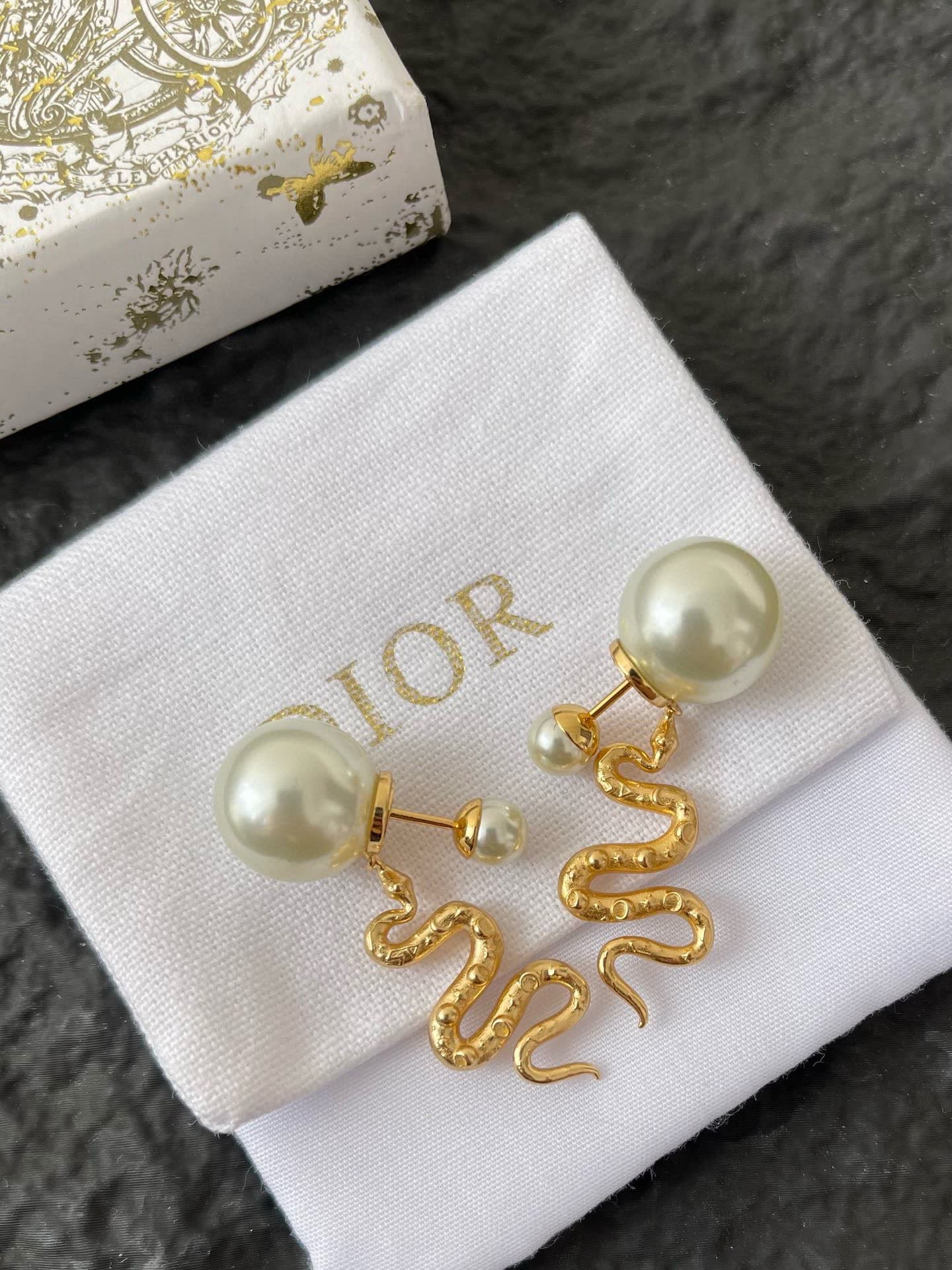 Dior Gold Snake Pearl Earrings