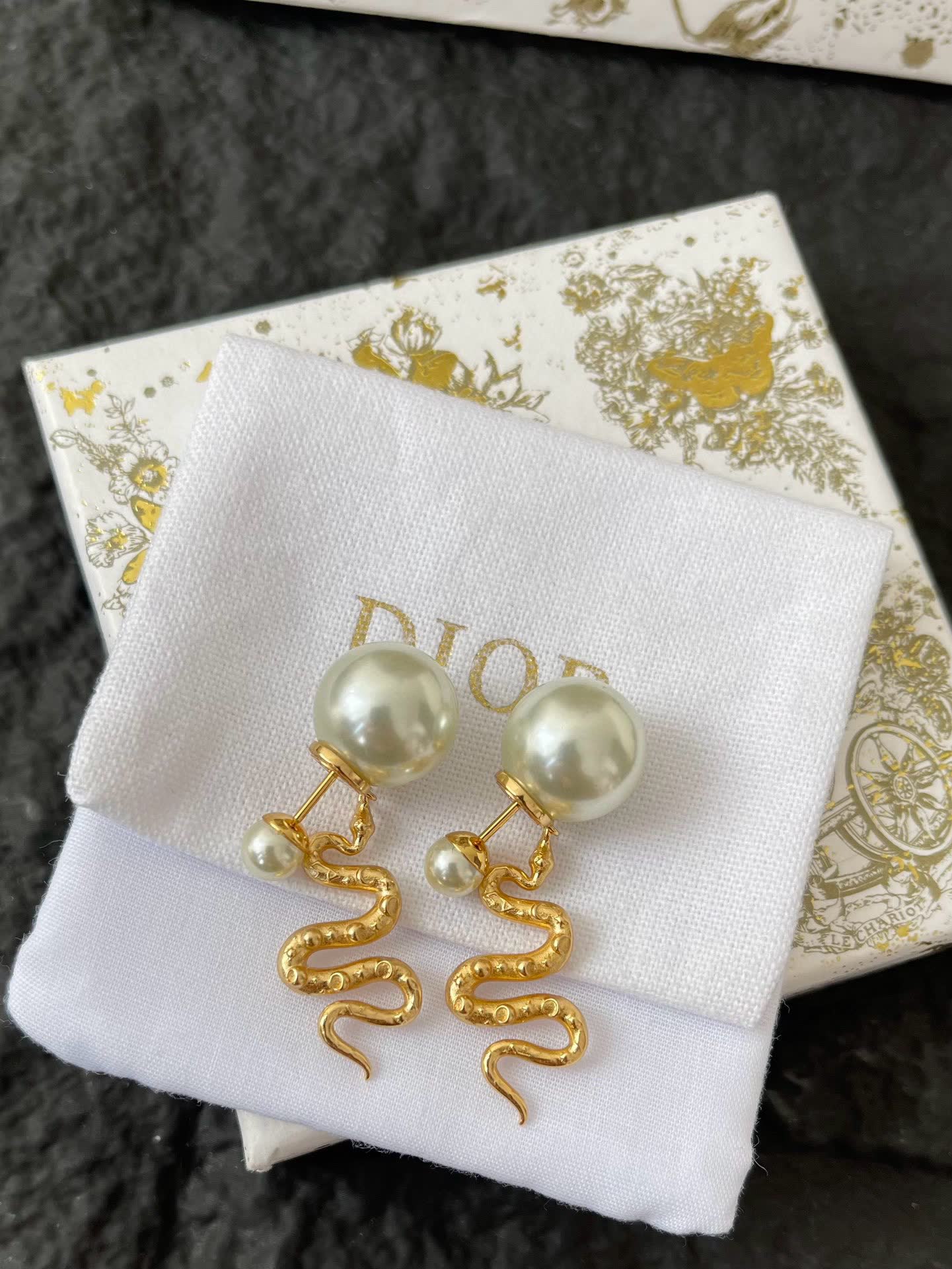 Dior Gold Snake Pearl Earrings