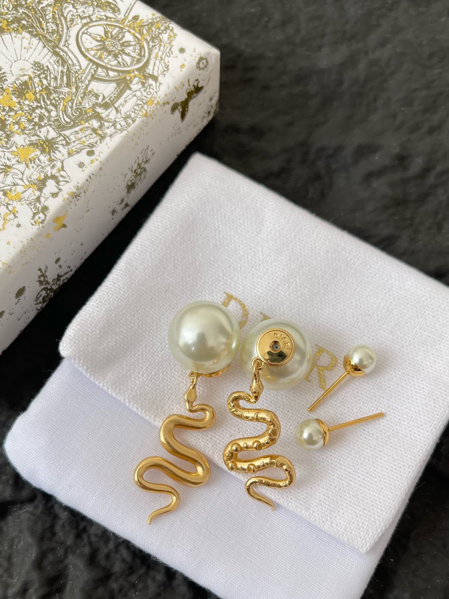 Dior Gold Snake Pearl Earrings