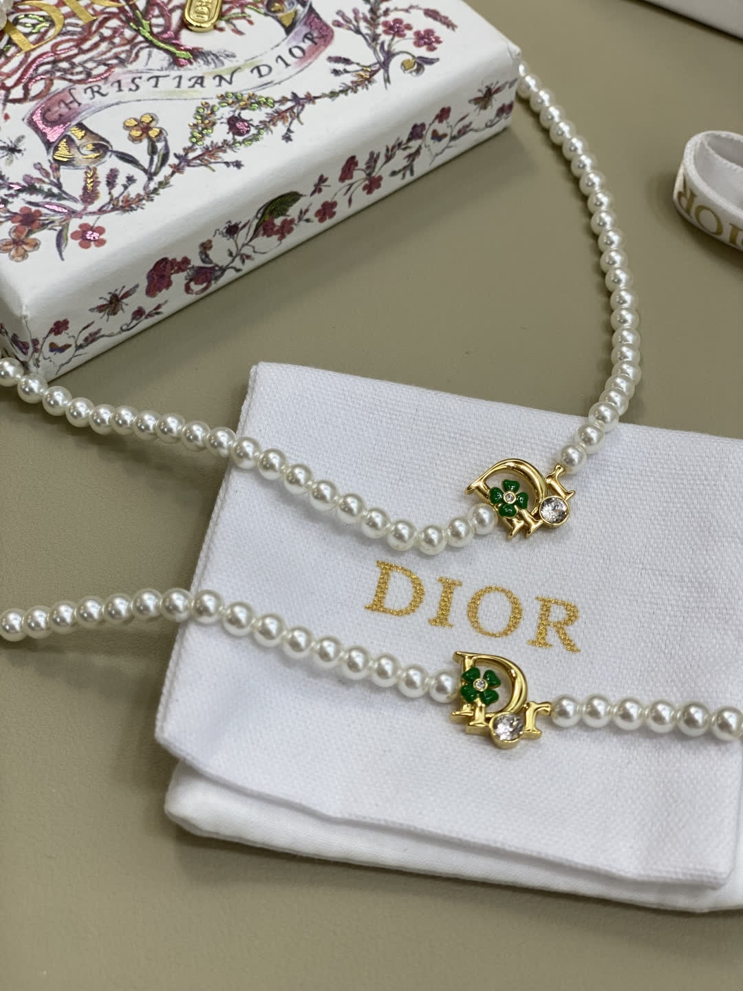 Dior Pearl Necklace with Green Crystal Charm