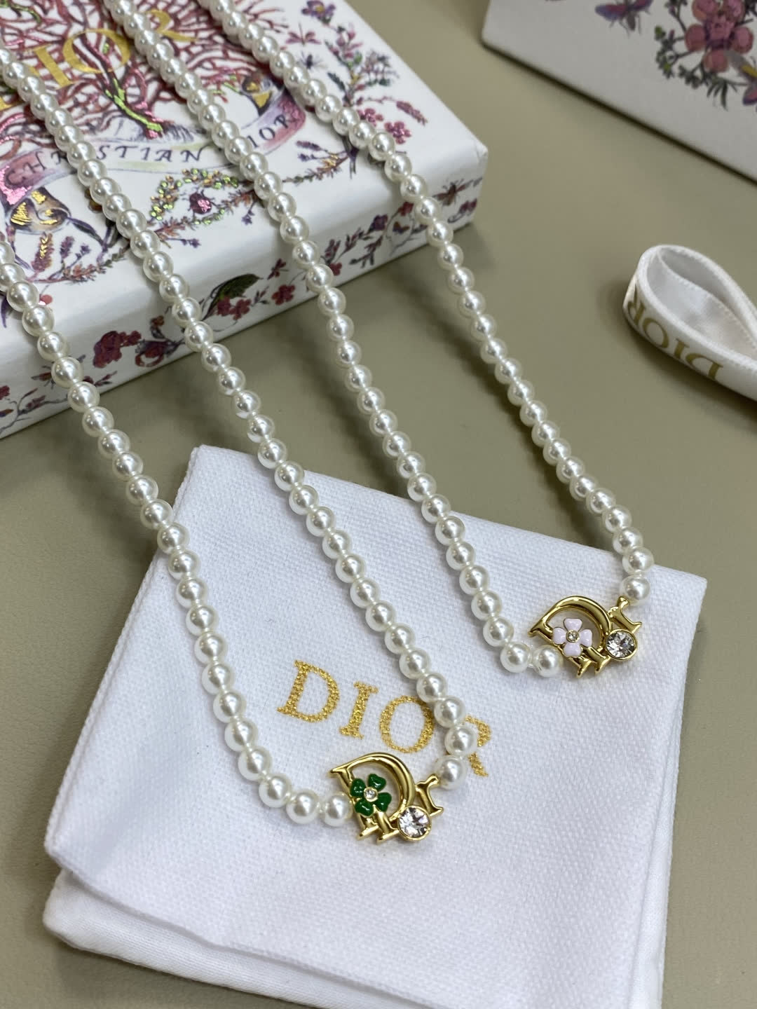 Dior Pearl Necklace with Green Crystal Charm