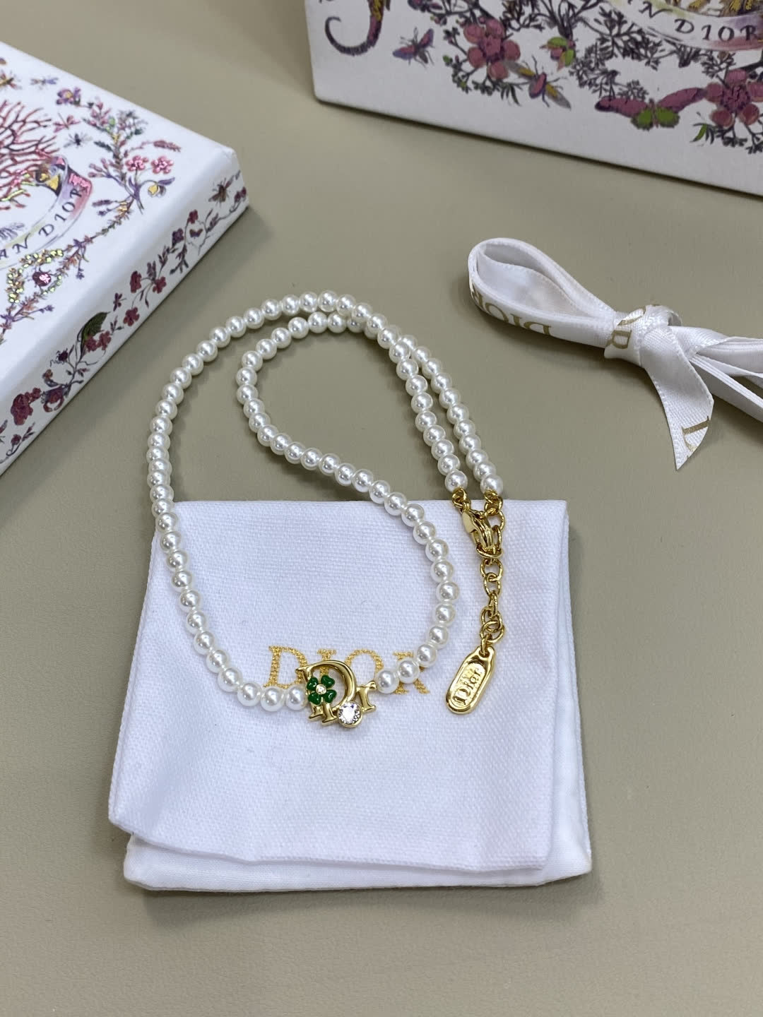 Dior Pearl Necklace with Green Crystal Charm