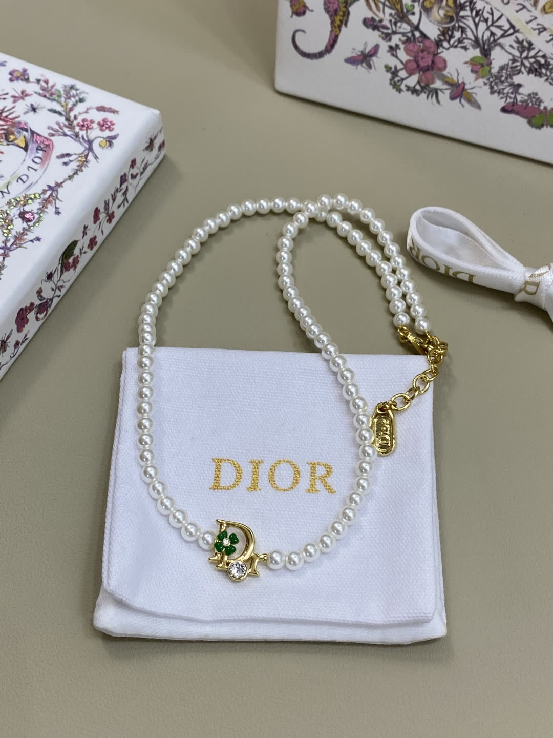 Dior Pearl Necklace with Green Crystal Charm