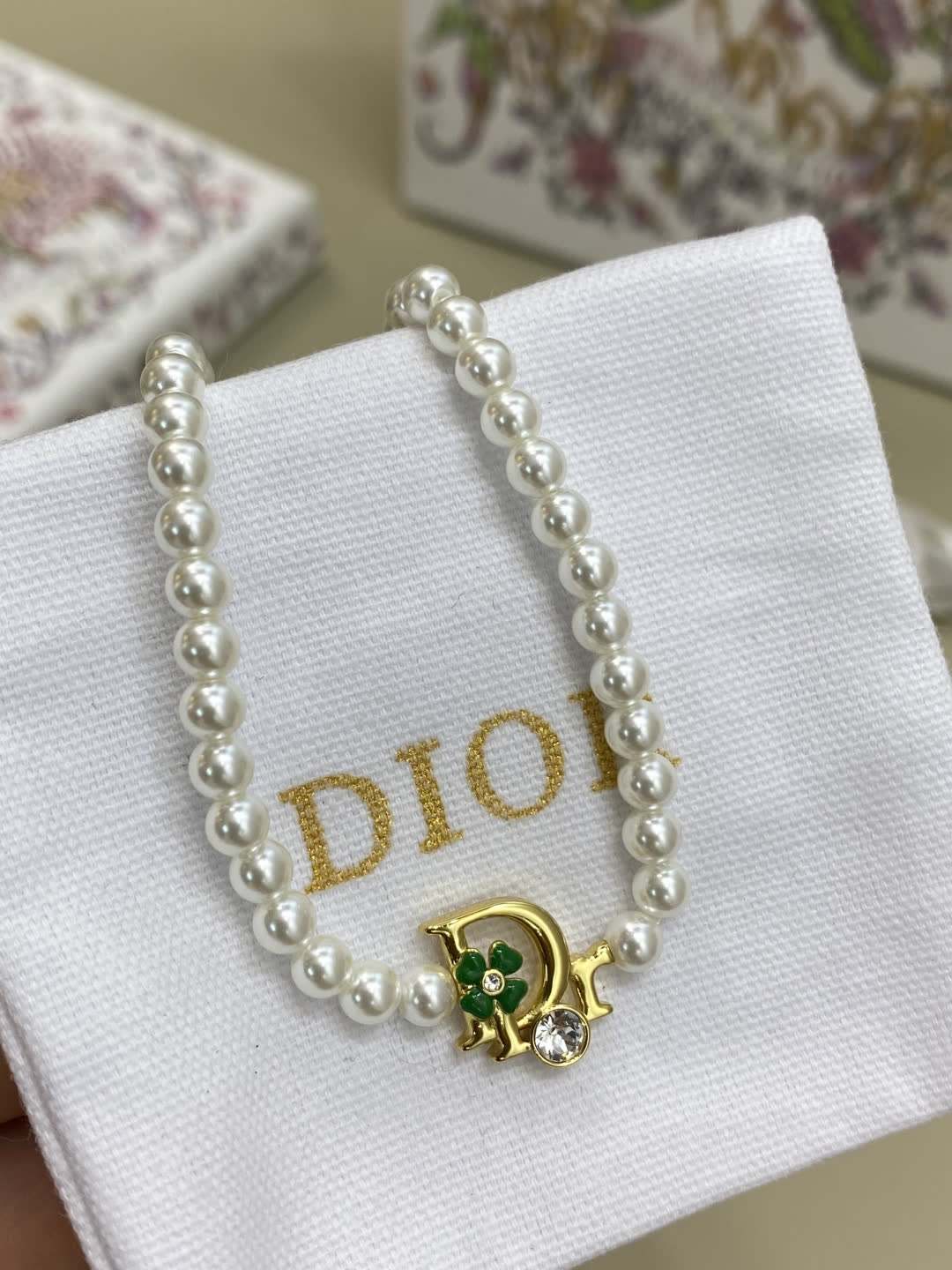 Dior Pearl Necklace with Green Crystal Charm