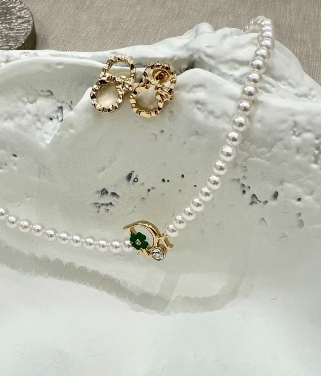 Dior Pearl Necklace with Green Crystal Charm