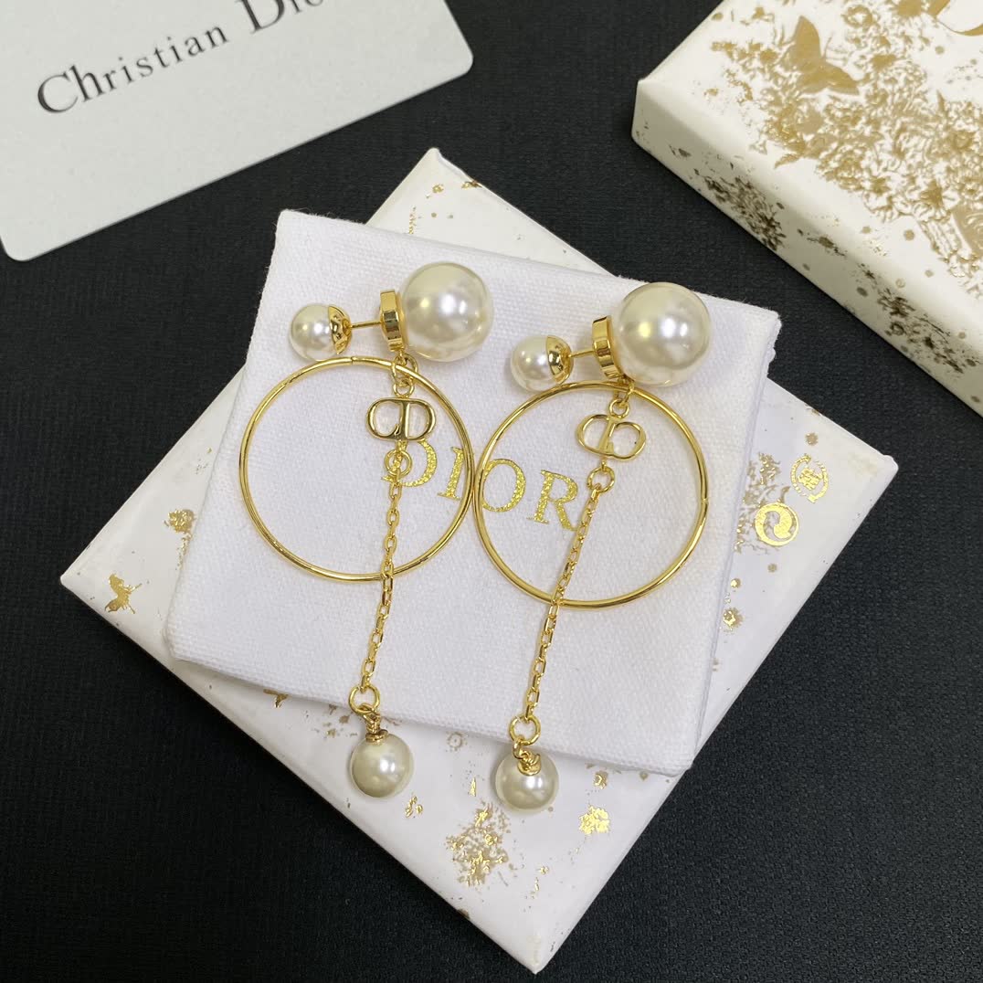 Dior Elegant Gold Circle Pearl Drop Earrings
