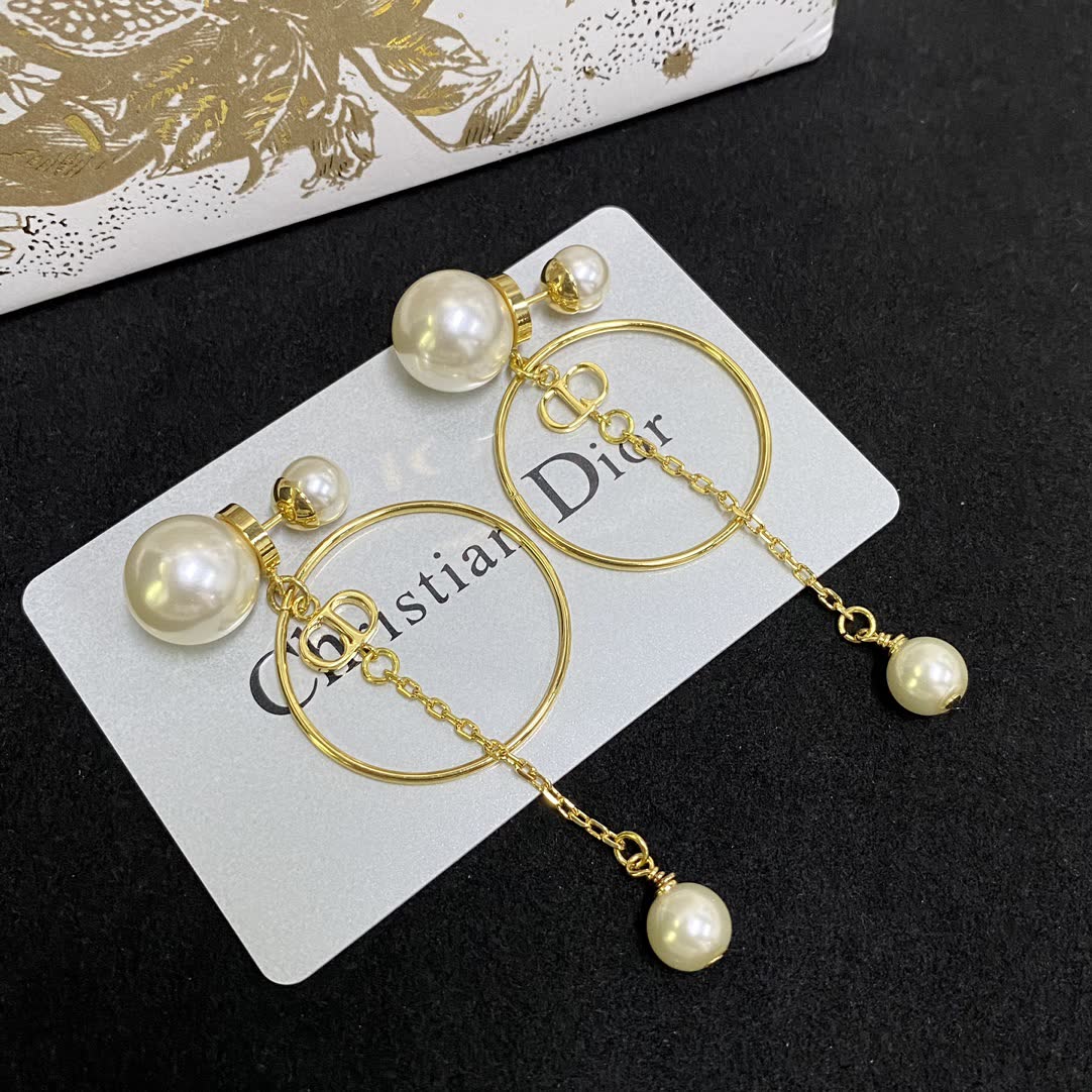 Dior Elegant Gold Circle Pearl Drop Earrings