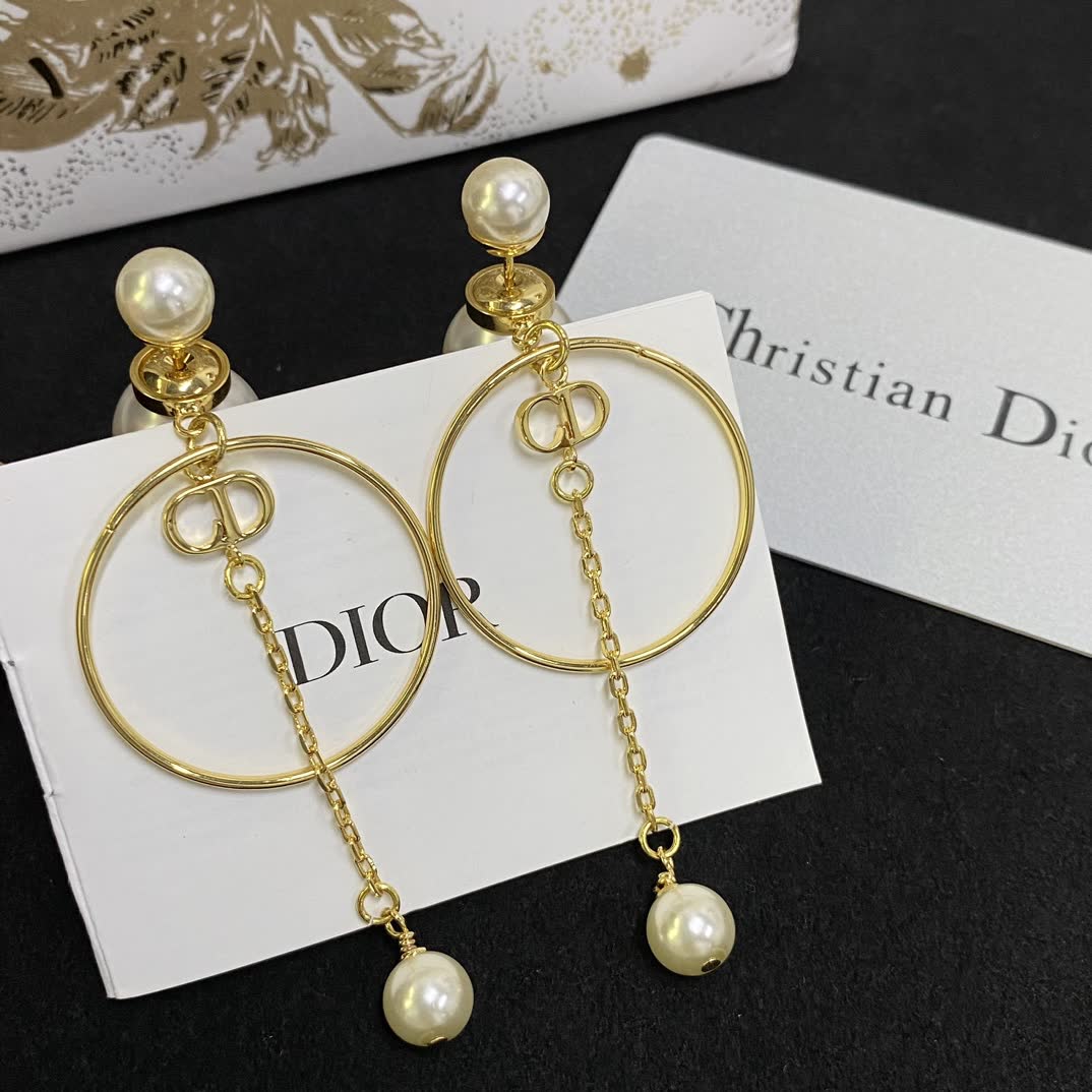Dior Elegant Gold Circle Pearl Drop Earrings
