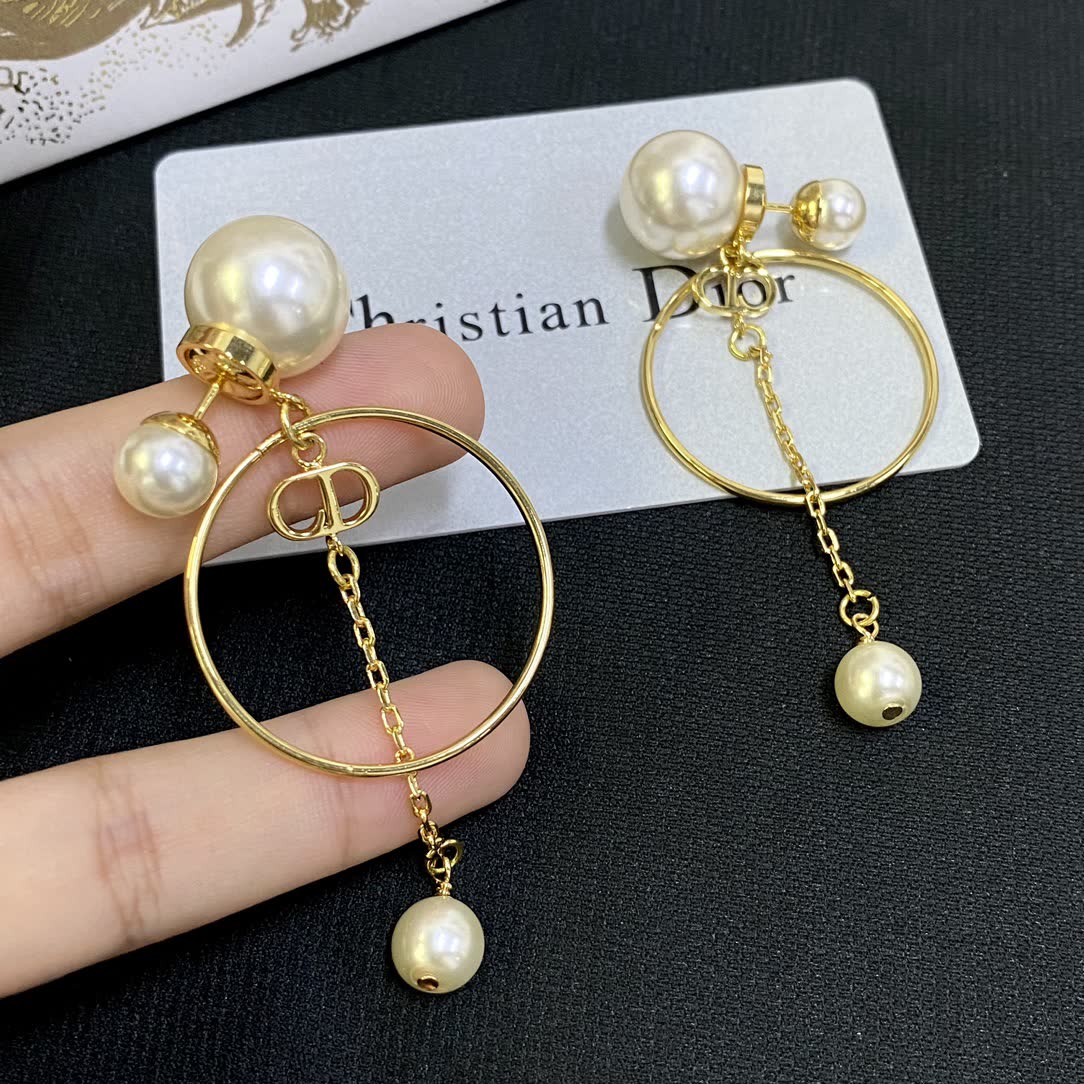 Dior Elegant Gold Circle Pearl Drop Earrings