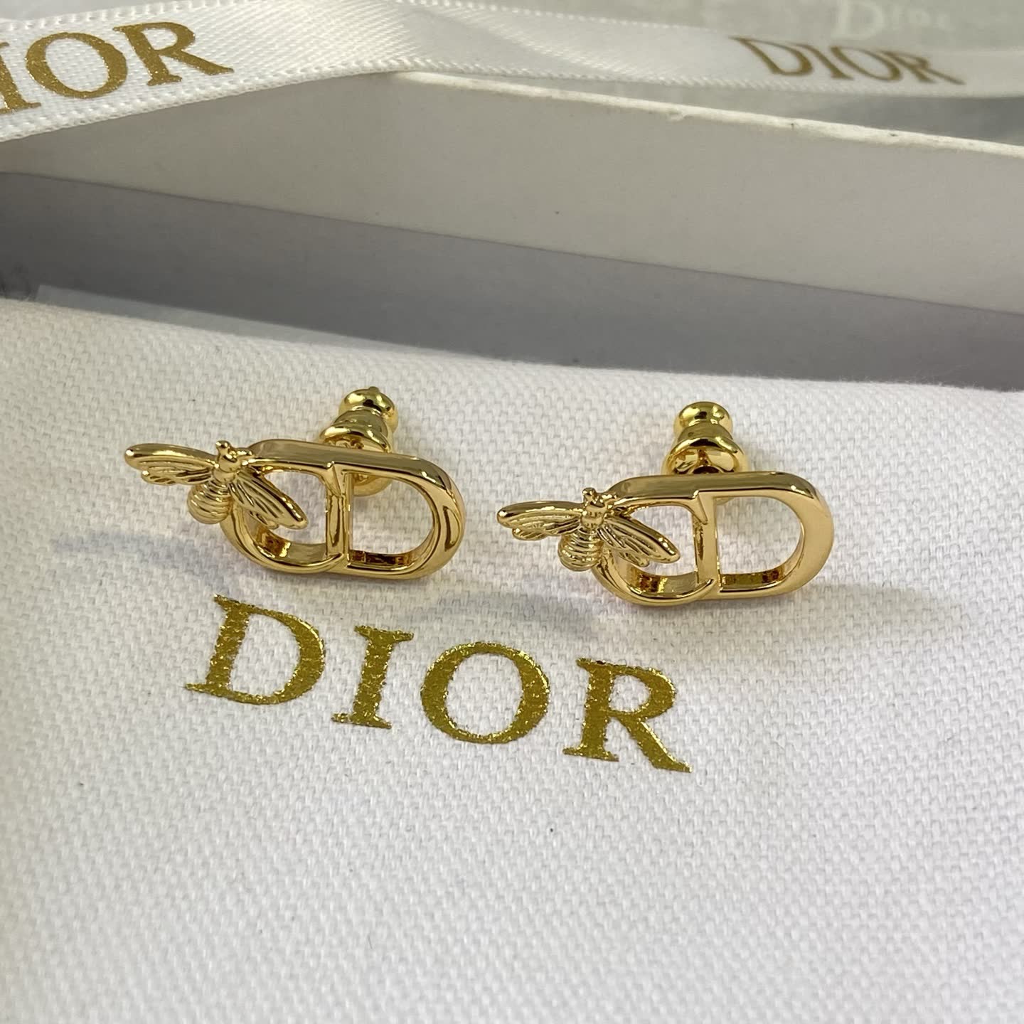 Dior Bee Logo Gold Tone Stud Earrings Dior Bee Logo Gold Tone Stud Earrings