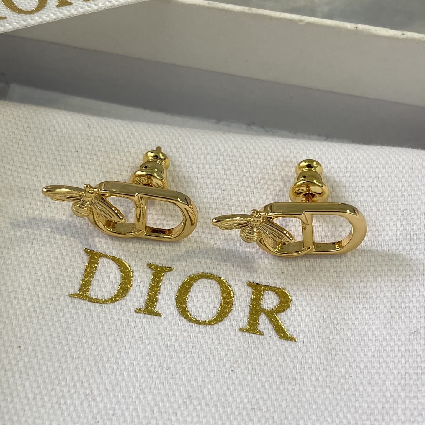 Dior Bee Logo Gold Tone Stud Earrings