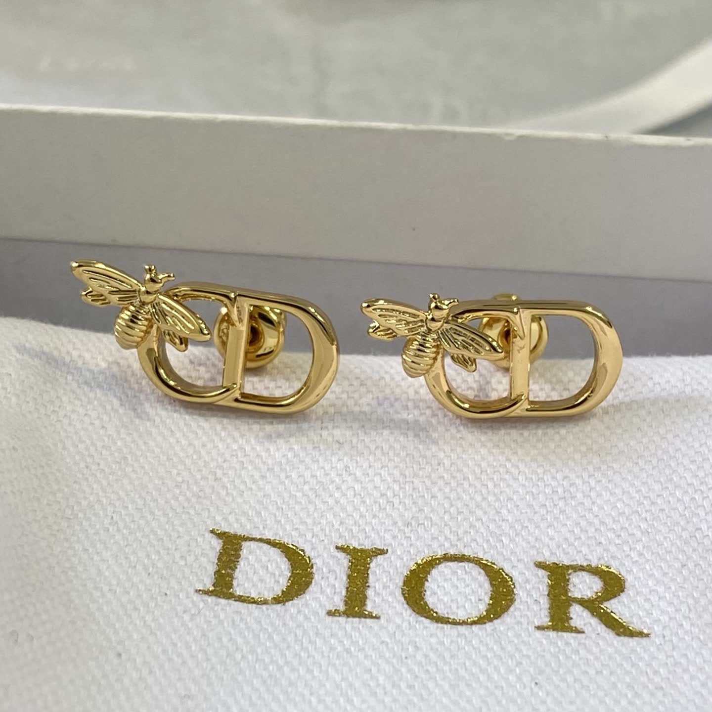 Dior Bee Logo Gold Tone Stud Earrings