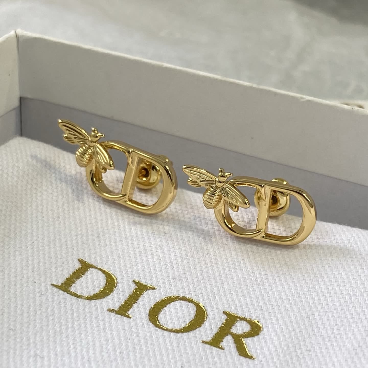 Dior Bee Logo Gold Tone Stud Earrings