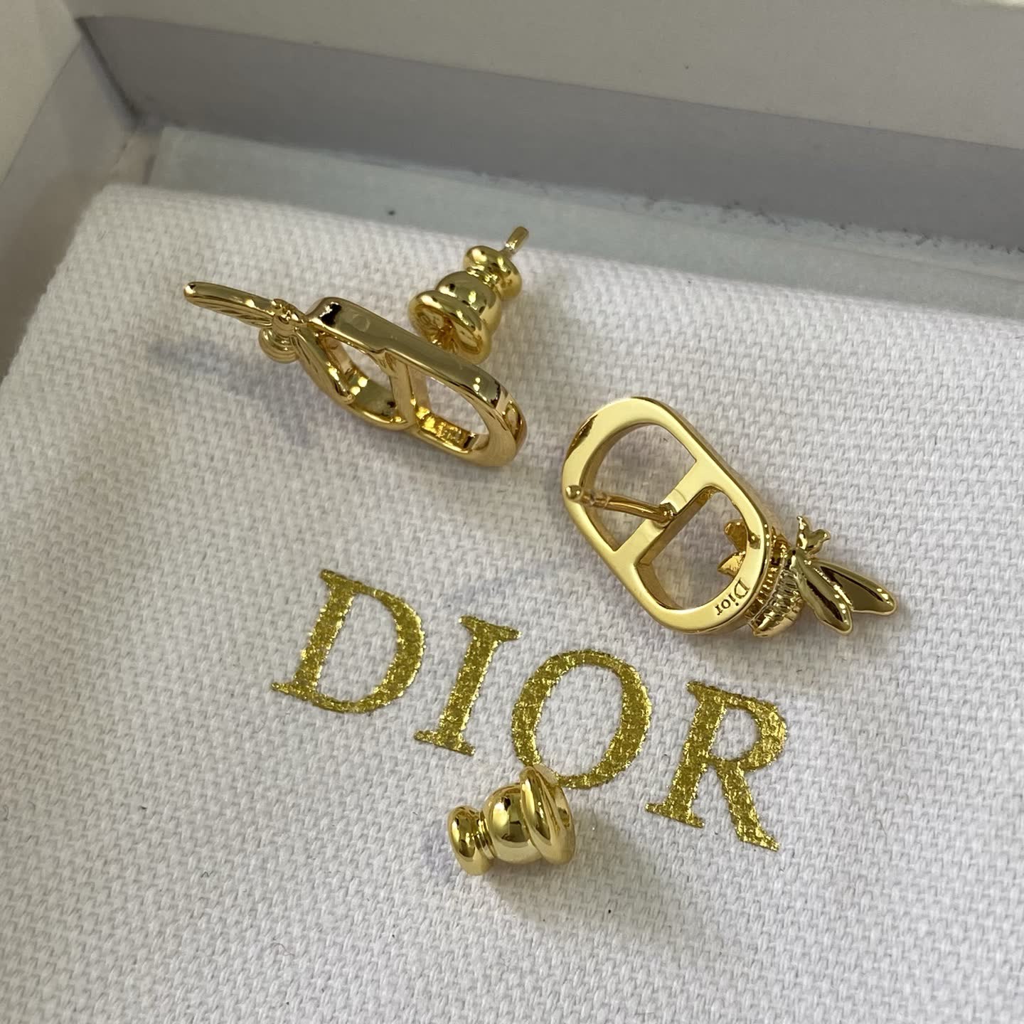 Dior Bee Logo Gold Tone Stud Earrings