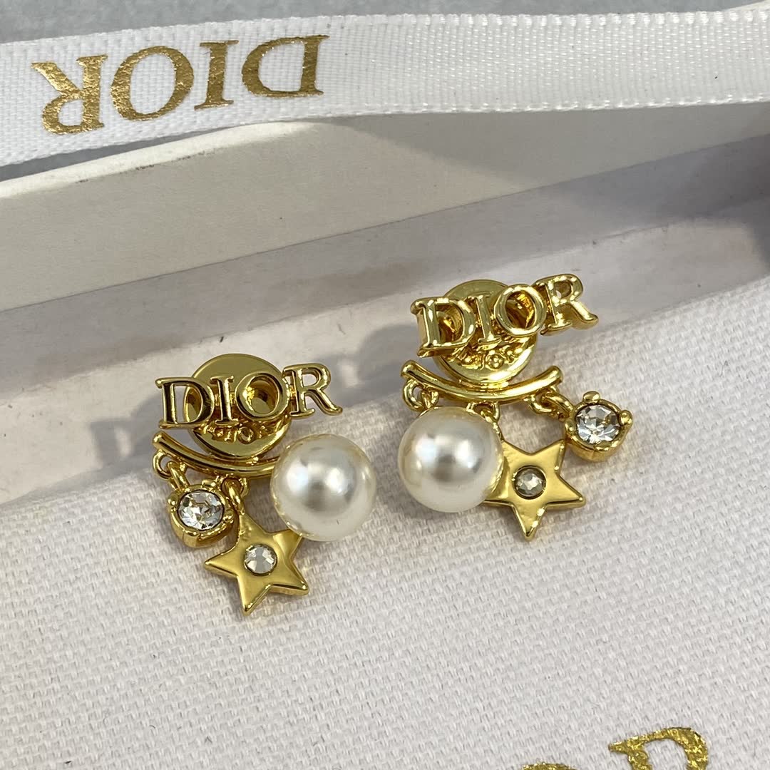 Dior Gold Tone Pearl & Crystal Star Earrings Dior Gold Tone Pearl & Crystal Star Earrings