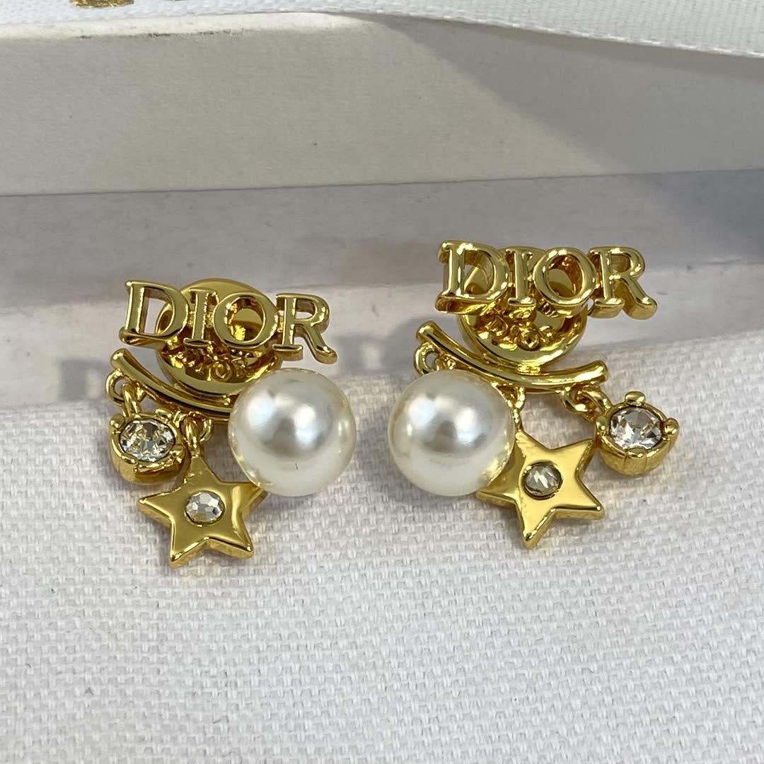 Dior Gold Tone Pearl & Crystal Star Earrings