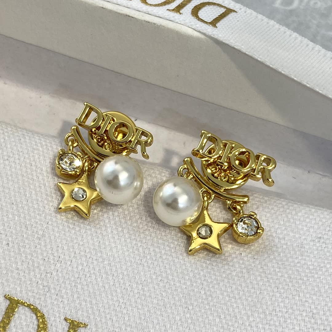 Dior Gold Tone Pearl & Crystal Star Earrings
