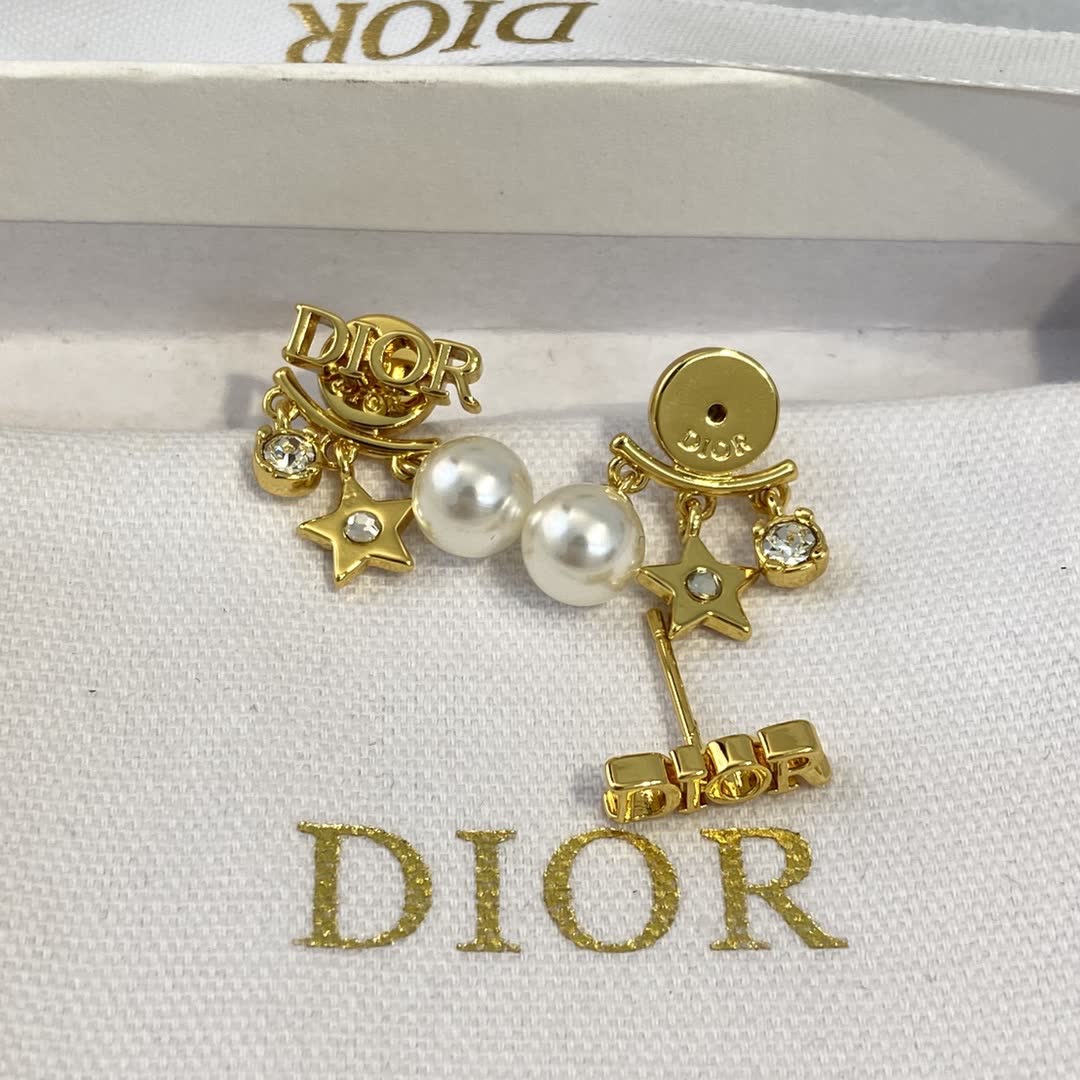 Dior Gold Tone Pearl & Crystal Star Earrings