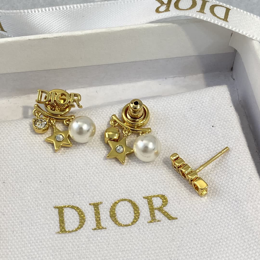 Dior Gold Tone Pearl & Crystal Star Earrings