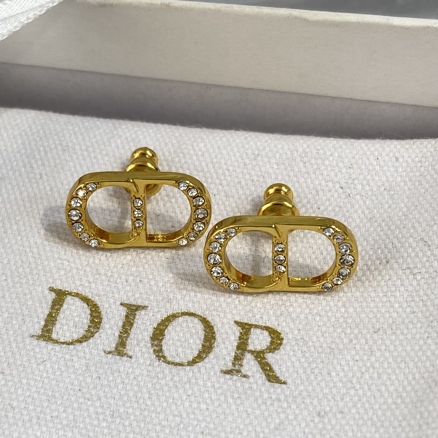 Dior Gold Tone Crystal 'CD' Logo Stud Earrings