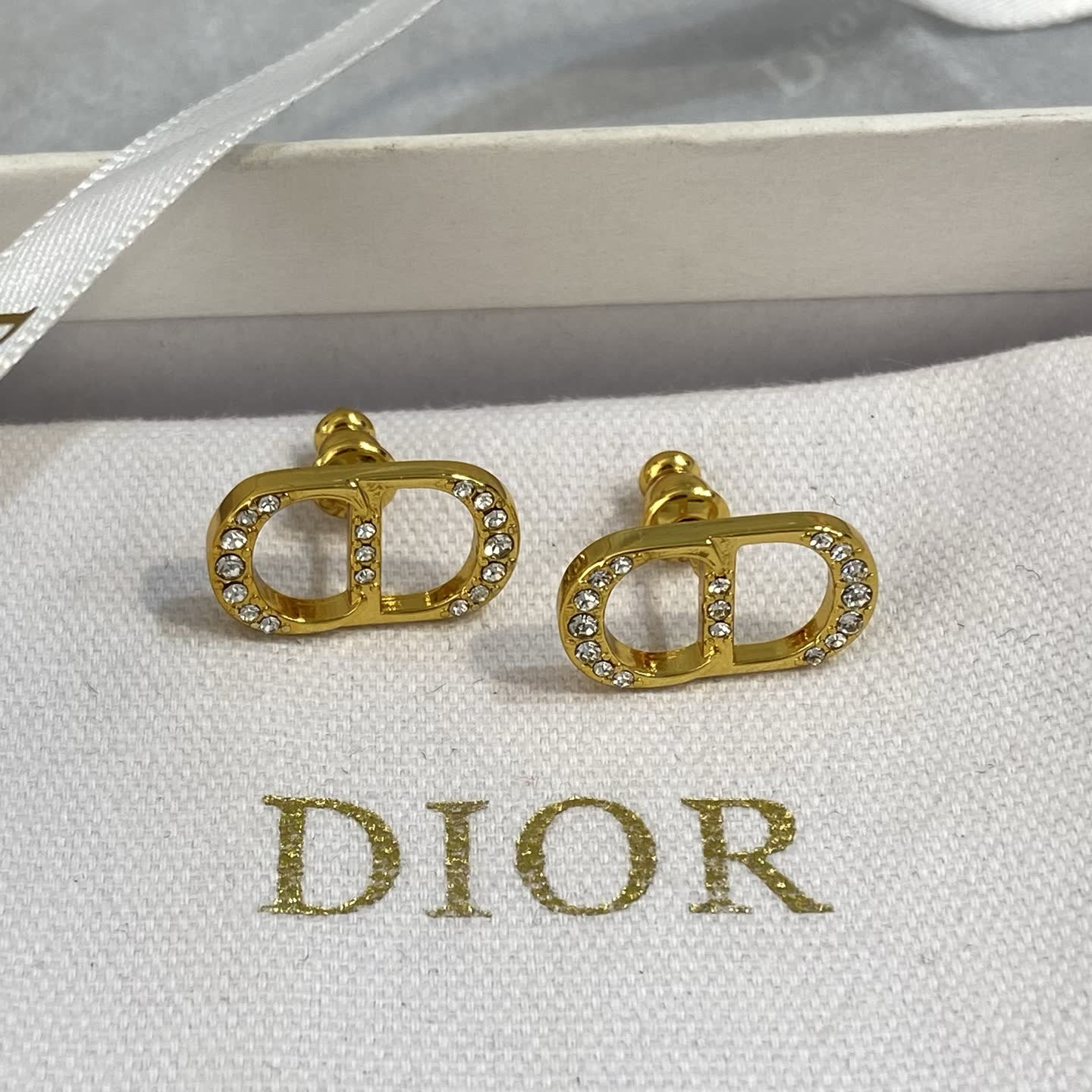 Dior Gold Tone Crystal 'CD' Logo Stud Earrings