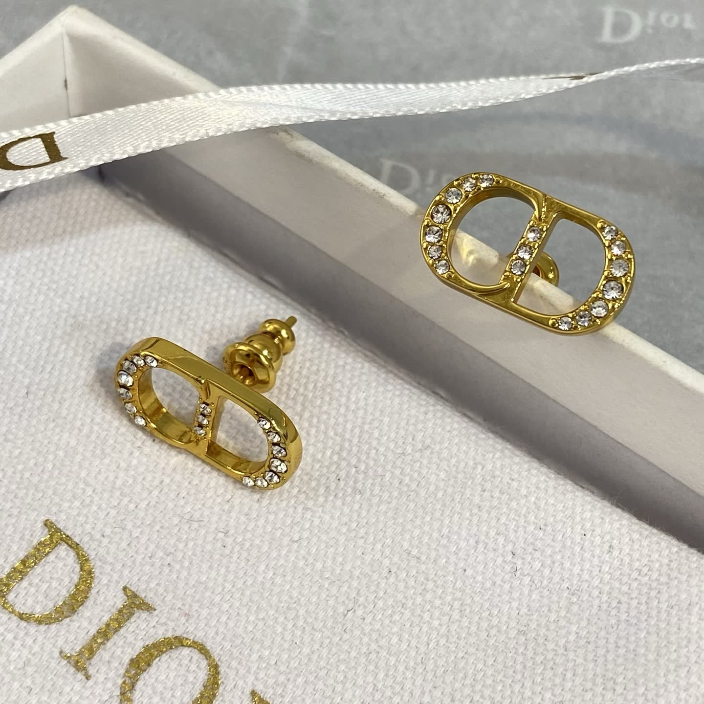 Dior Gold Tone Crystal 'CD' Logo Stud Earrings