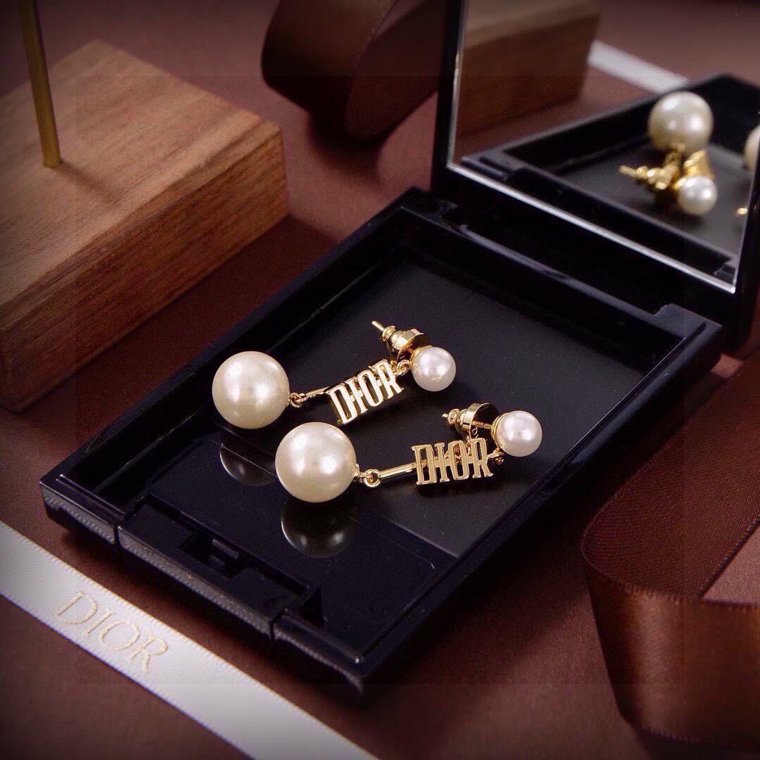 Dior Gold Logo Pearl Drop Earrings
