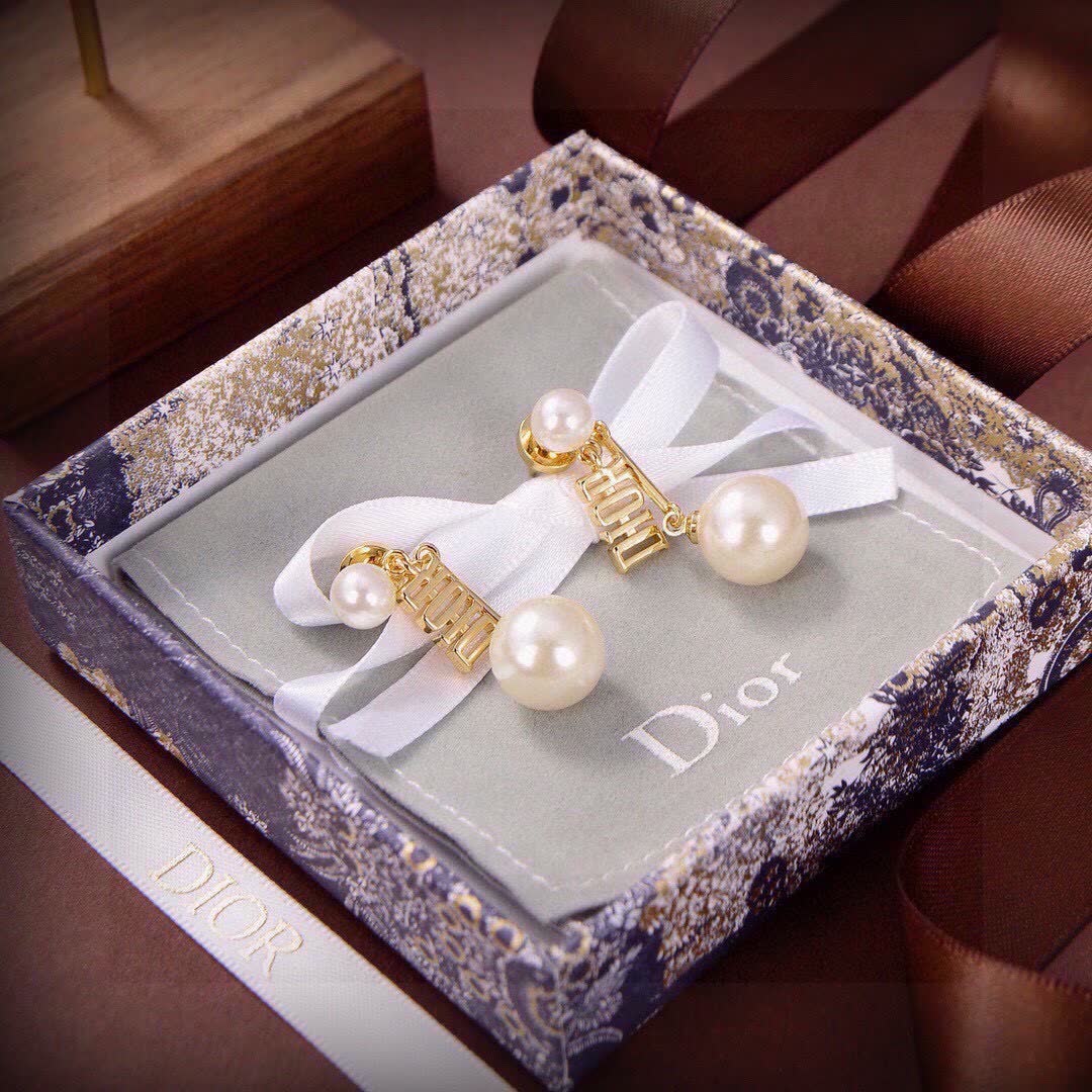 Dior Gold Logo Pearl Drop Earrings