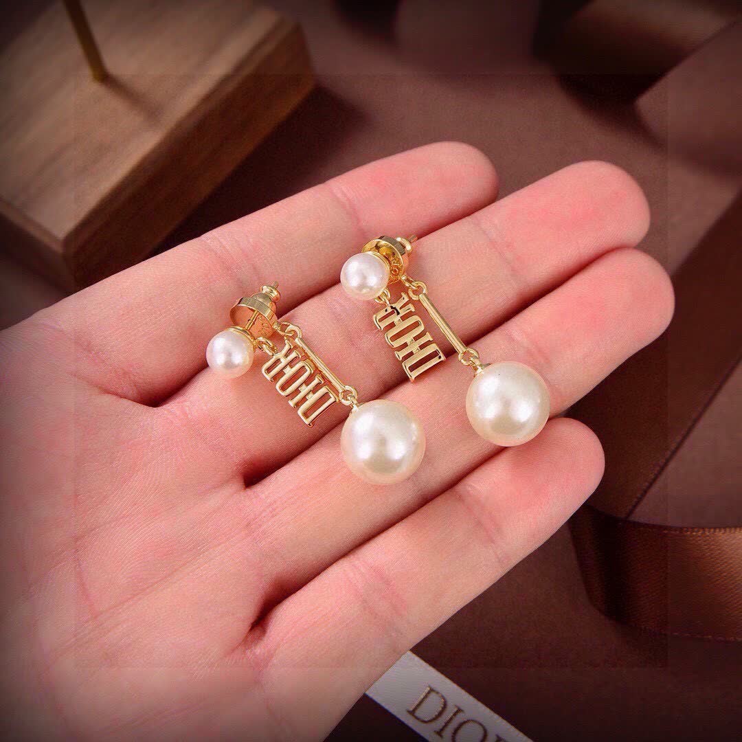 Dior Gold Logo Pearl Drop Earrings