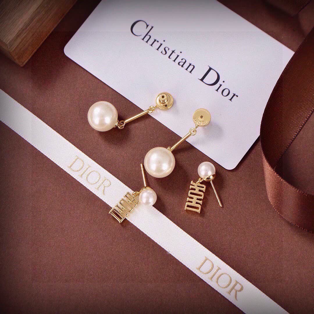 Dior Gold Logo Pearl Drop Earrings
