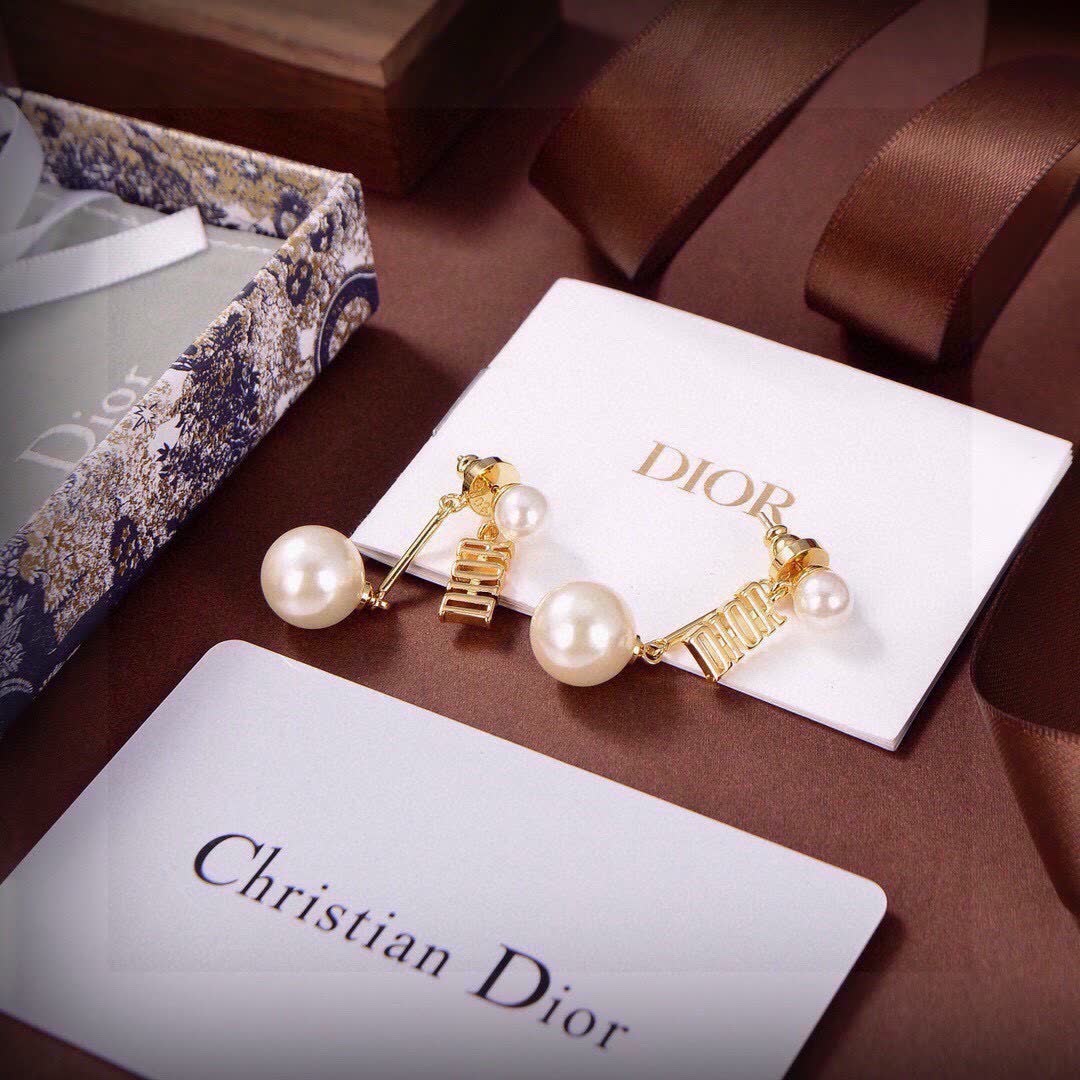 Dior Gold Logo Pearl Drop Earrings