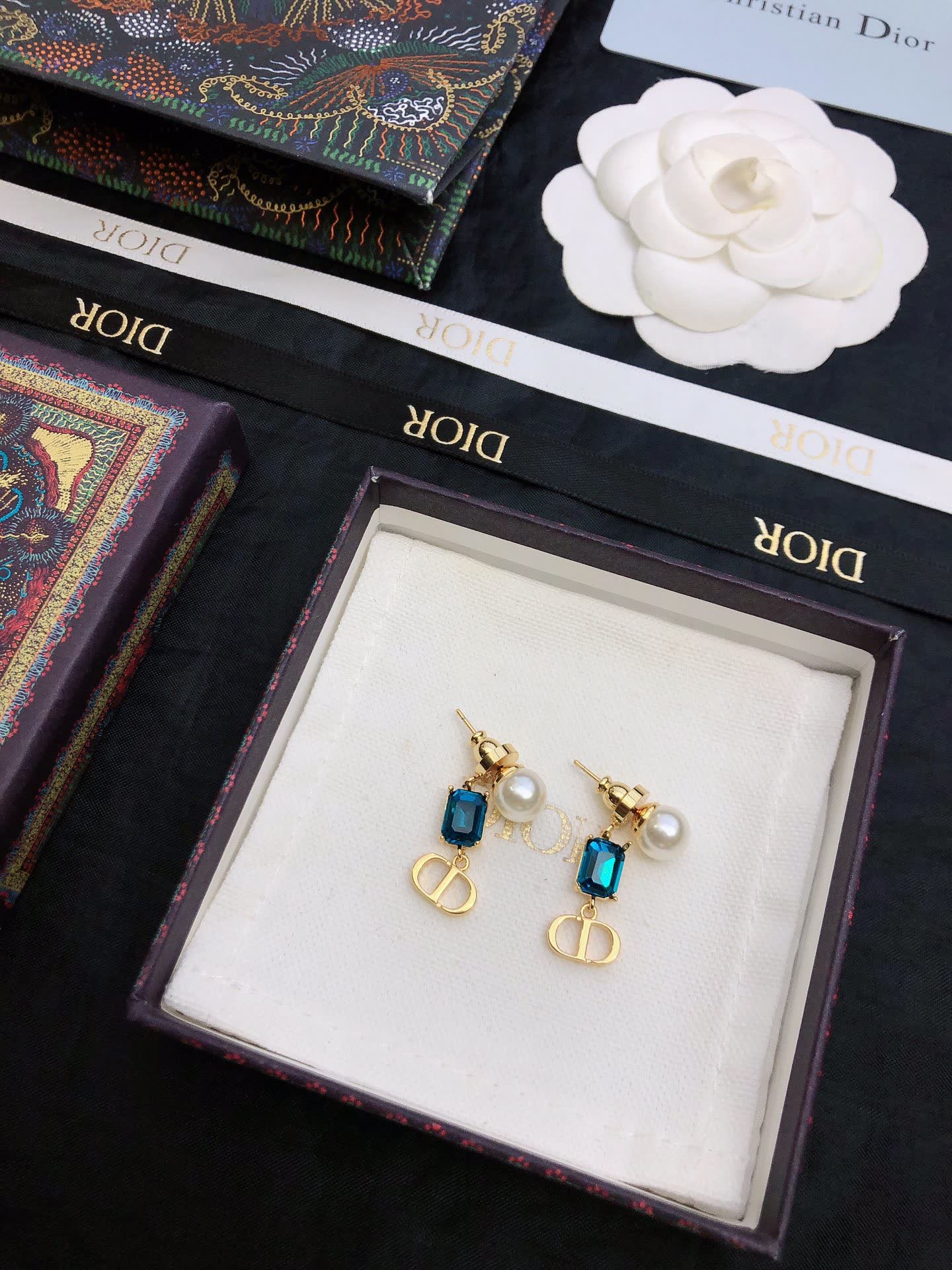 Dior Blue Crystal & Gold 'CD' Logo Earrings