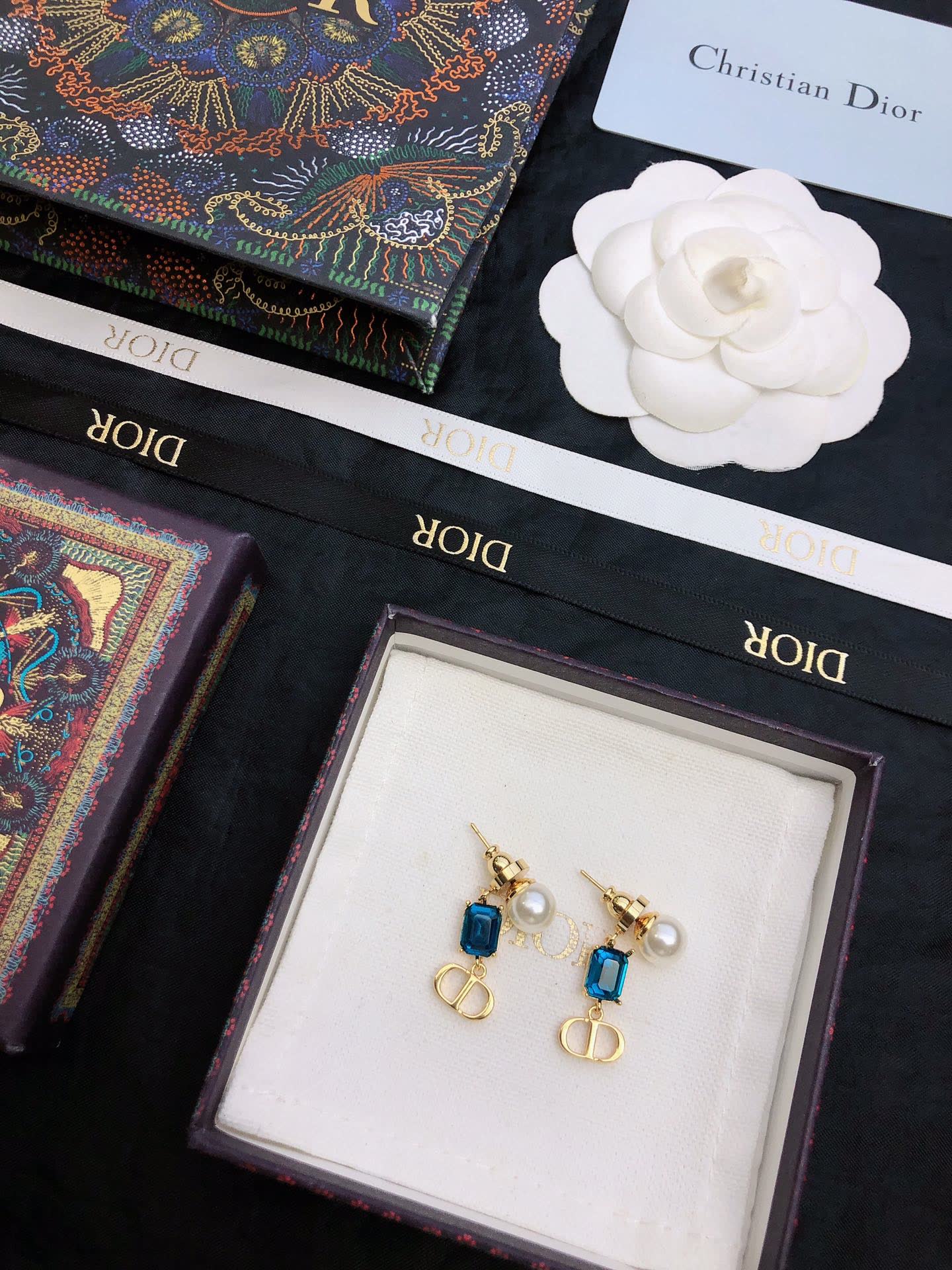 Dior Blue Crystal & Gold 'CD' Logo Earrings