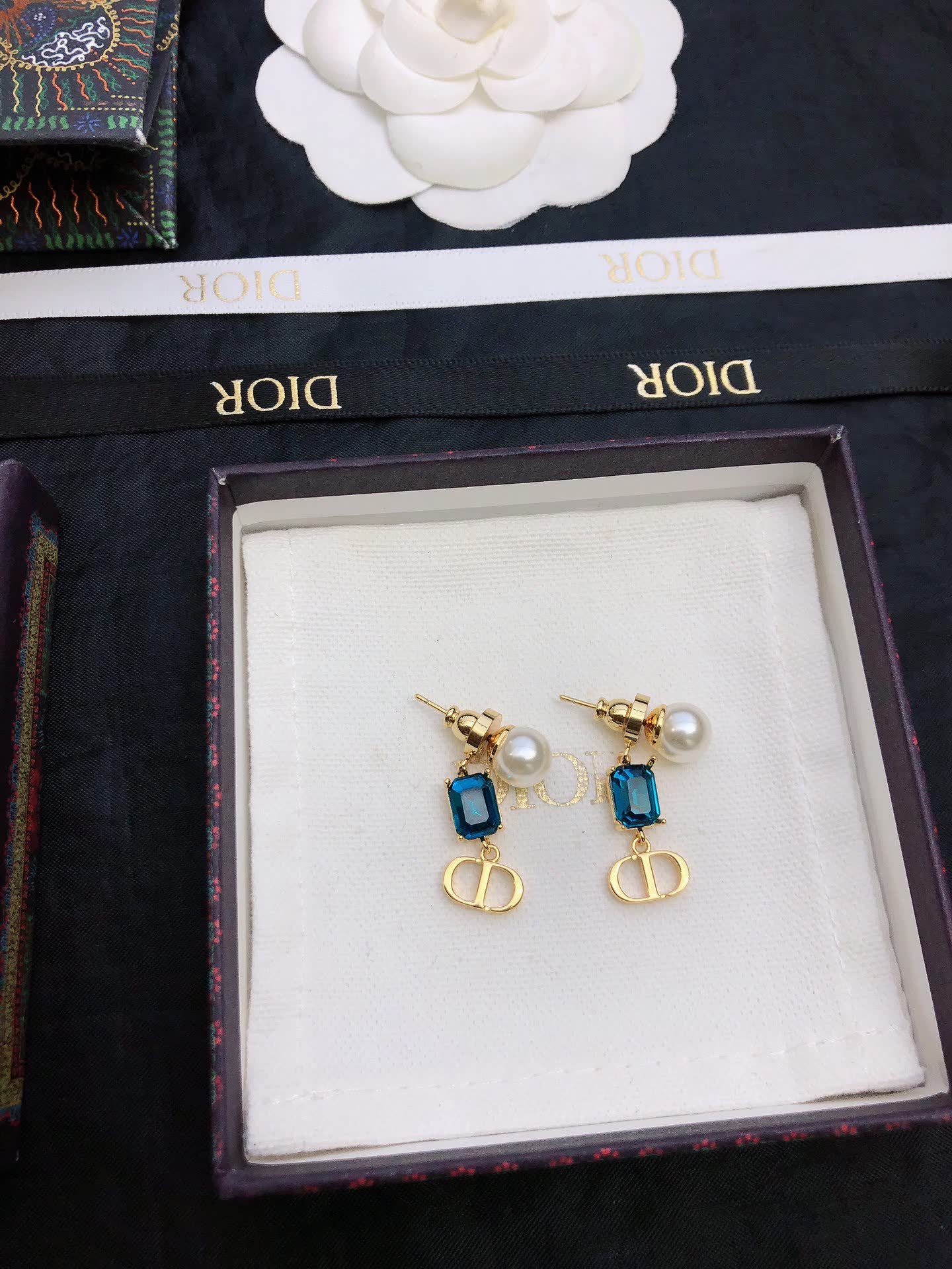 Dior Blue Crystal & Gold 'CD' Logo Earrings