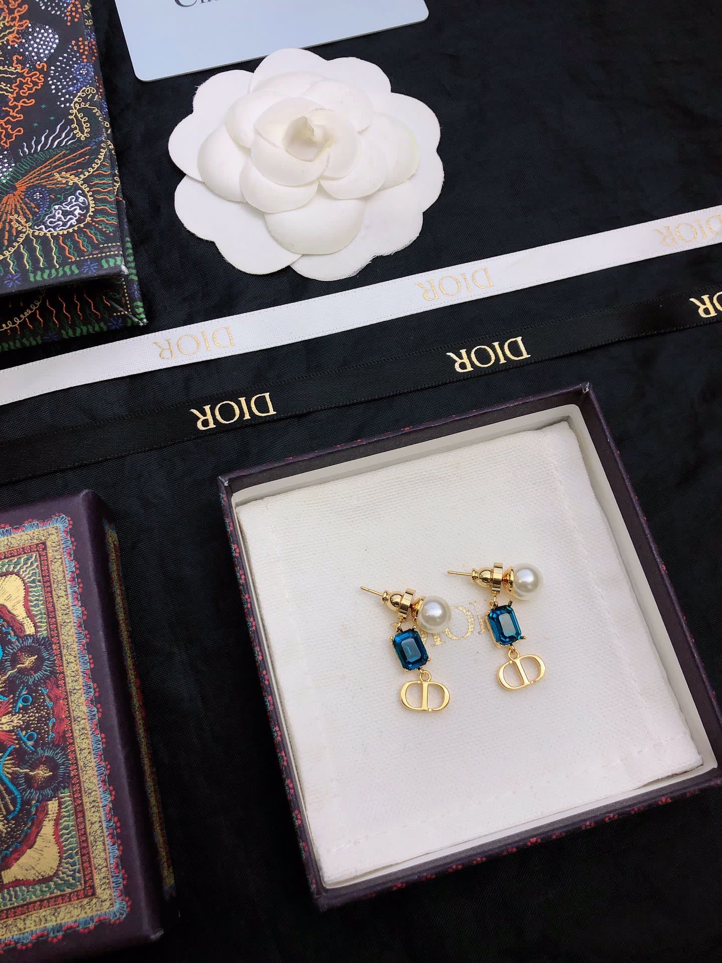 Dior Blue Crystal & Gold 'CD' Logo Earrings