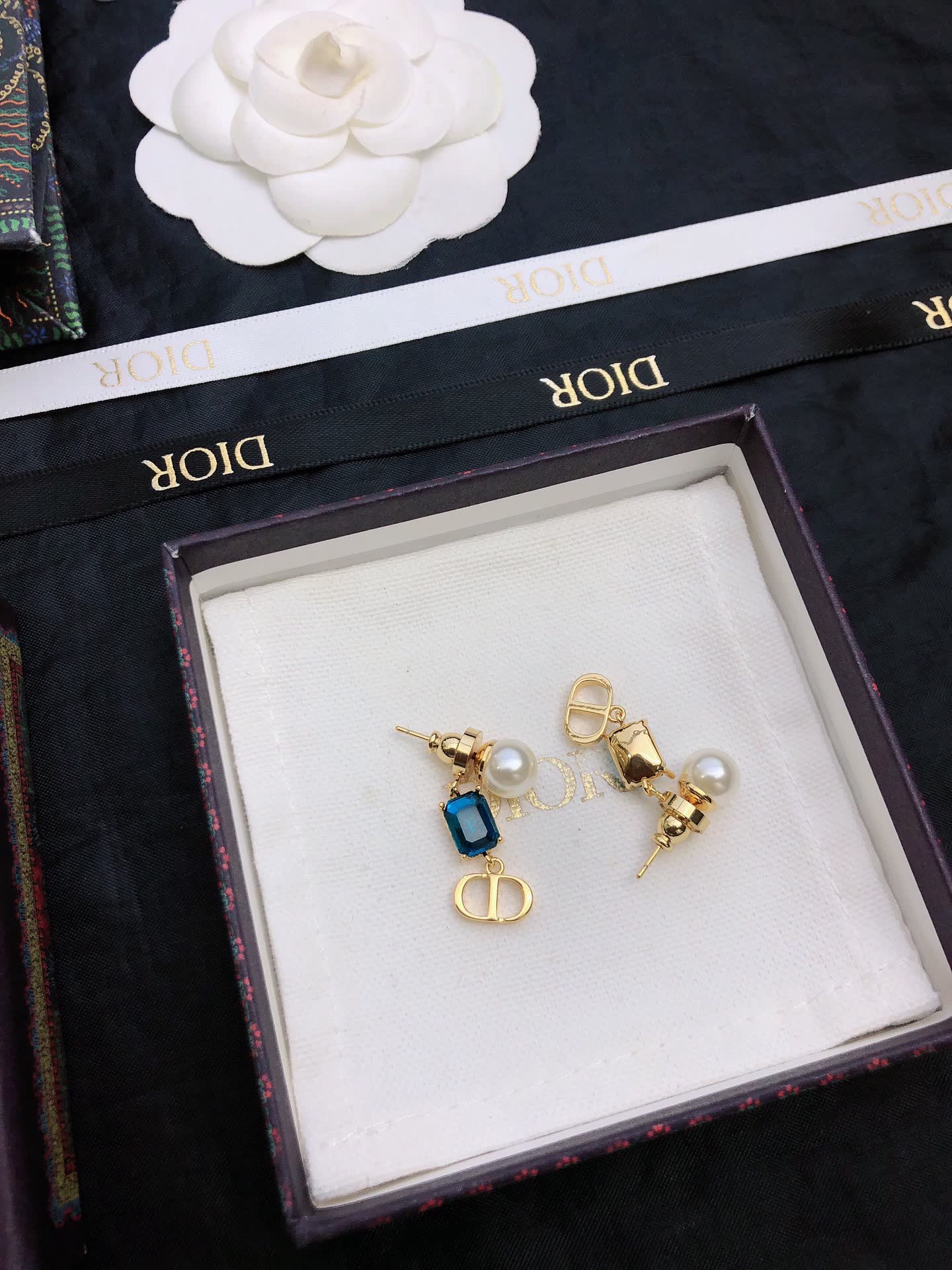 Dior Blue Crystal & Gold 'CD' Logo Earrings