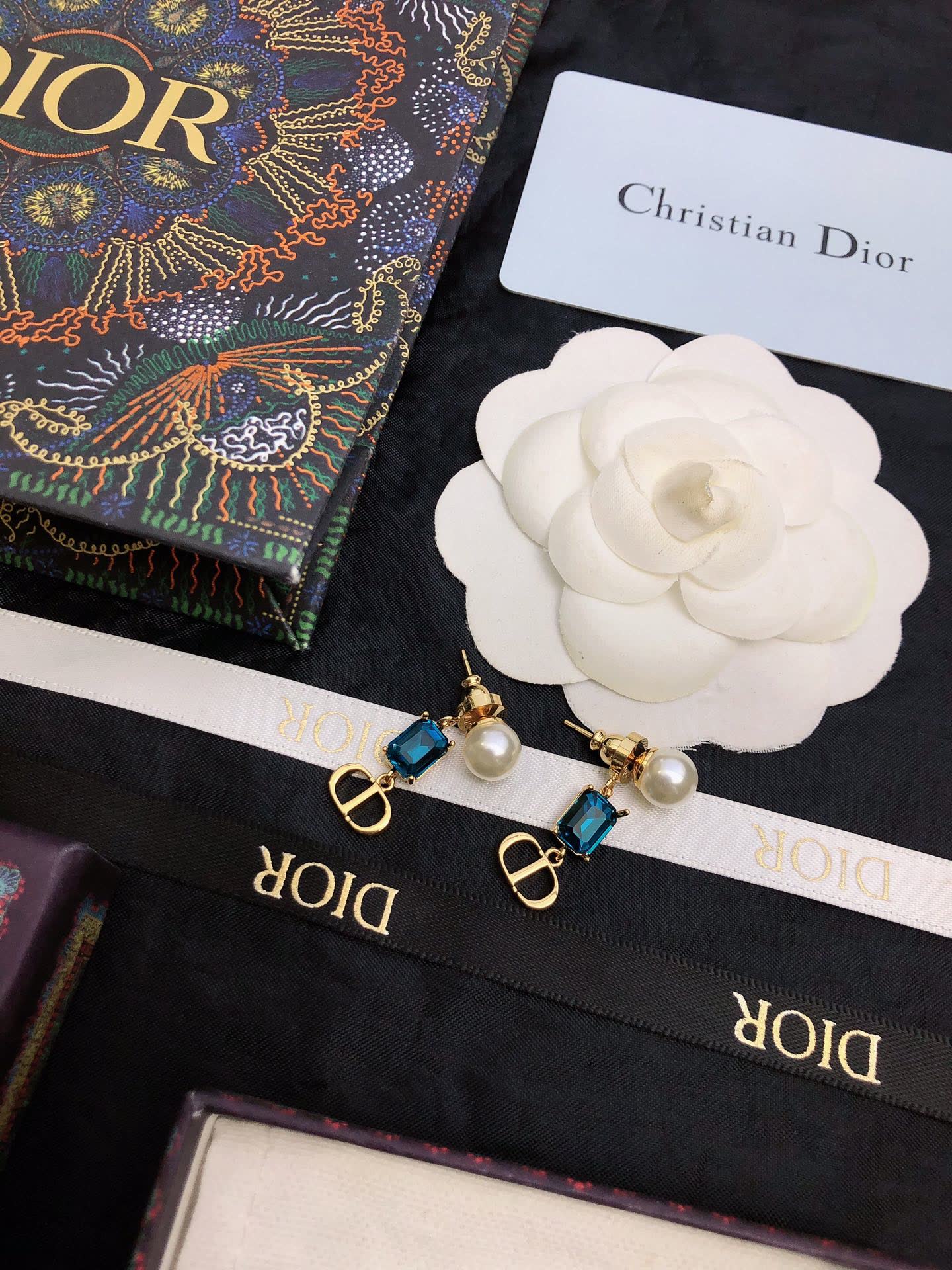 Dior Blue Crystal & Gold 'CD' Logo Earrings