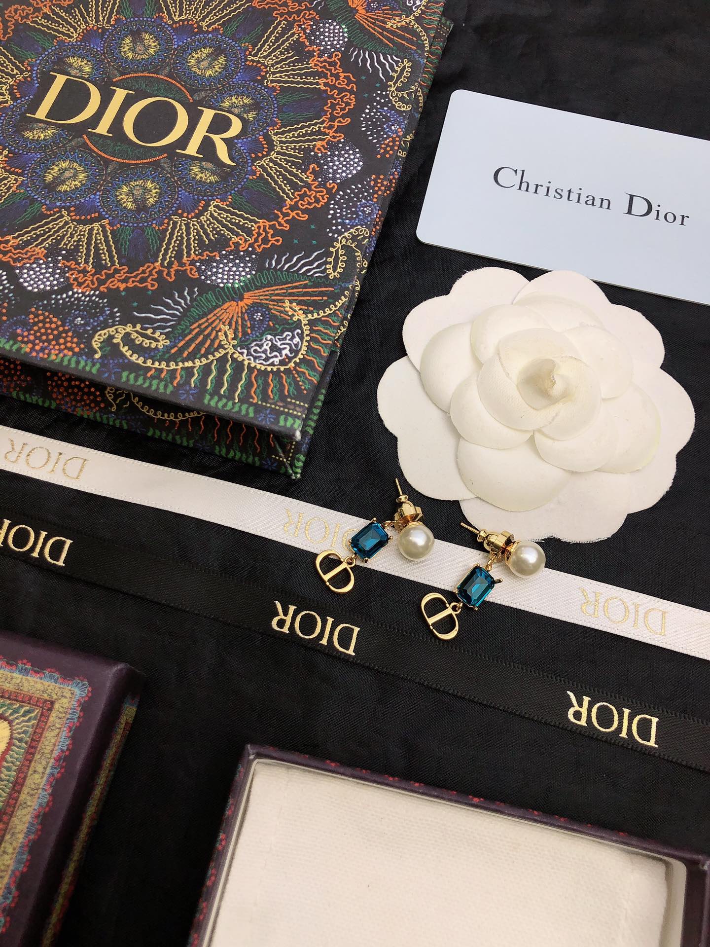 Dior Blue Crystal & Gold 'CD' Logo Earrings