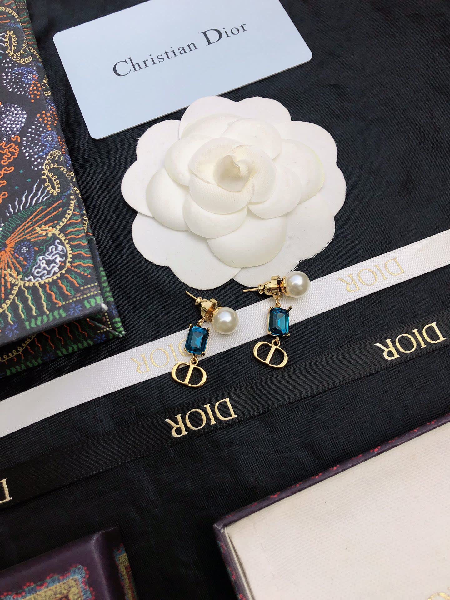 Dior Blue Crystal & Gold 'CD' Logo Earrings