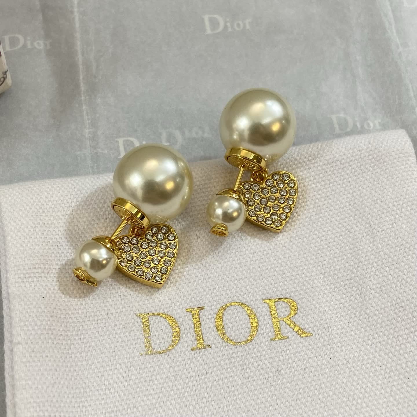 Dior Gold Pearl and Crystal Heart Earrings