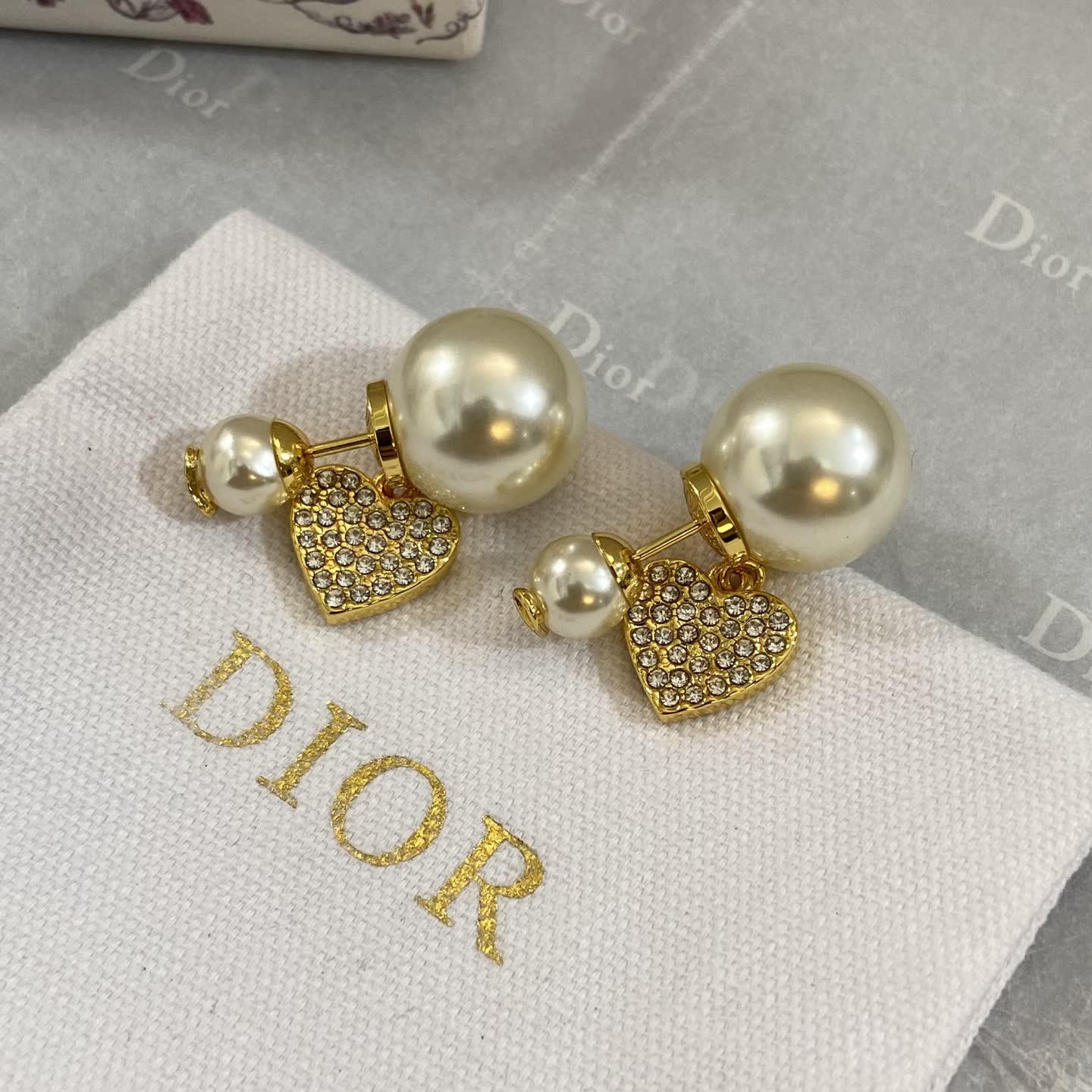 Dior Gold Pearl and Crystal Heart Earrings