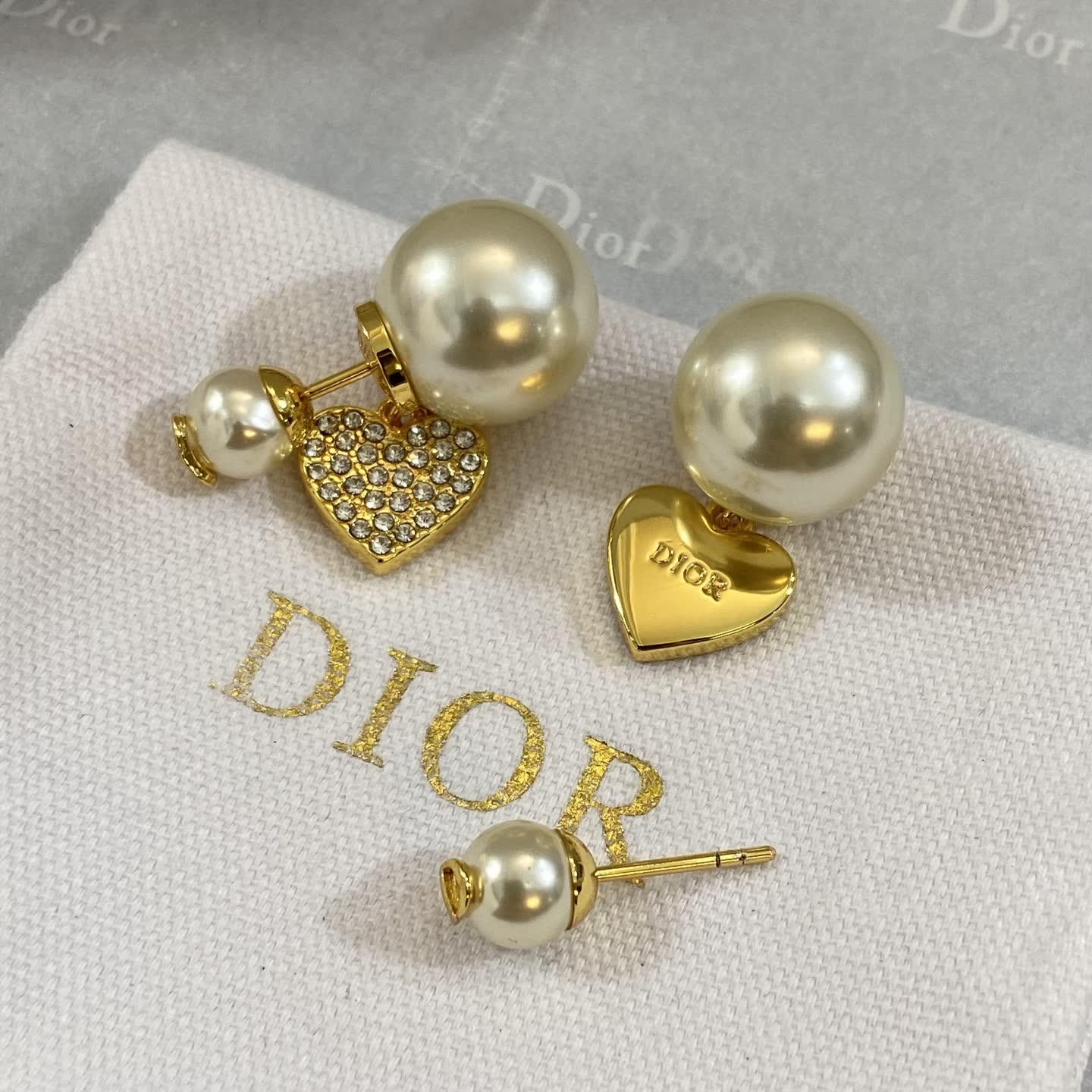 Dior Gold Pearl and Crystal Heart Earrings